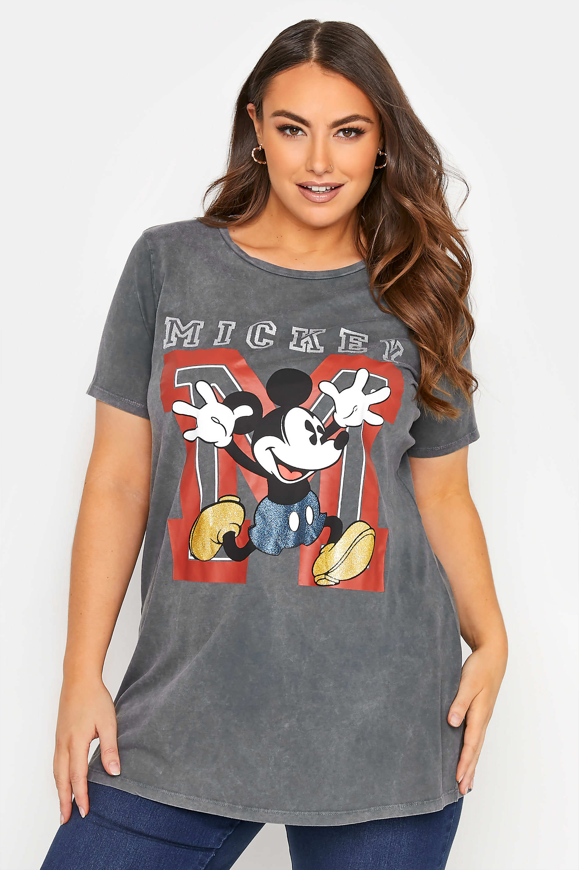 DISNEY Plus Size Charcoal Grey Mickey Mouse Glitter Graphic T-Shirt | Yours Clothing 1