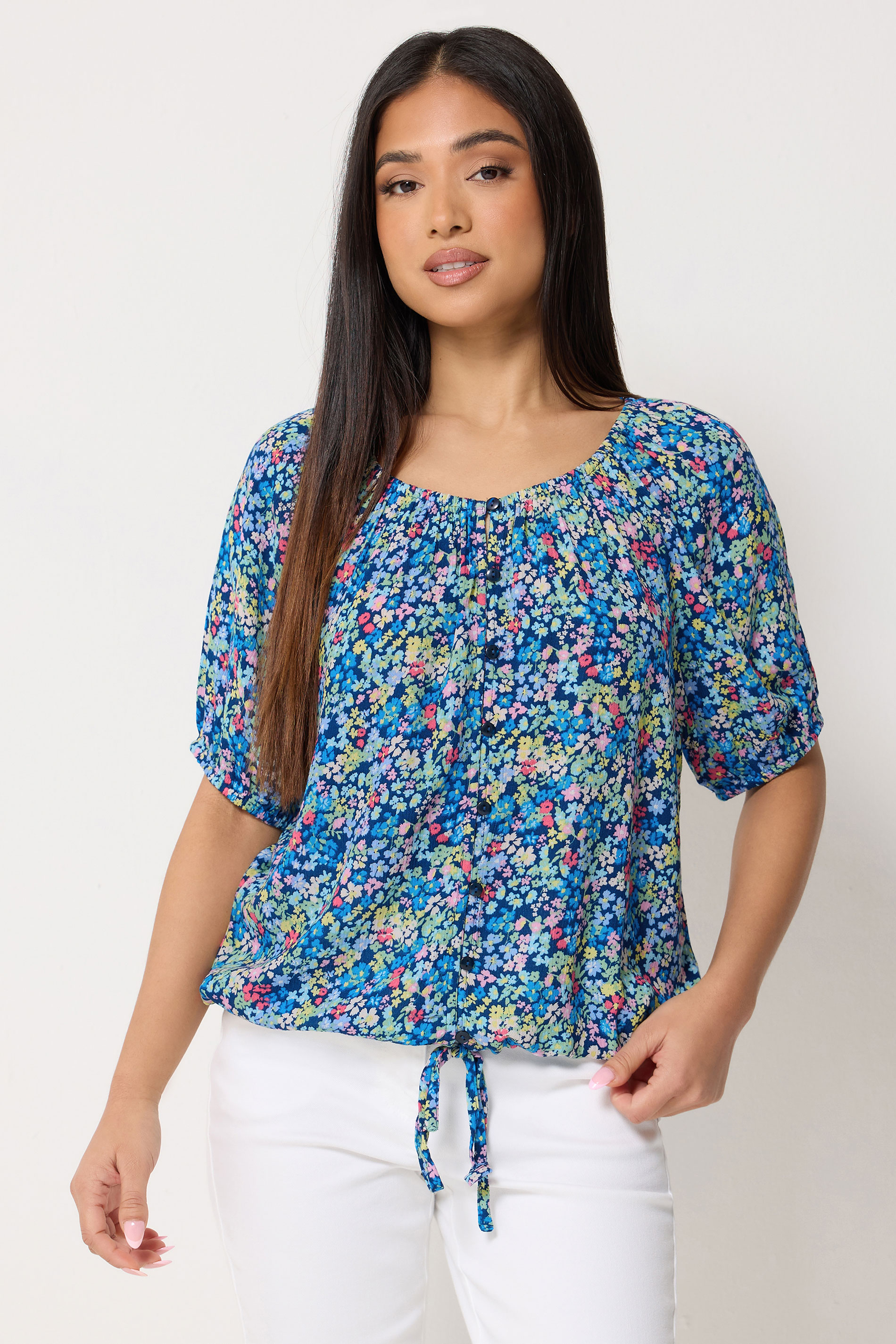 M&Co Petite Blue Ditsy Floral Tie Hem Blouse | M&Co 3