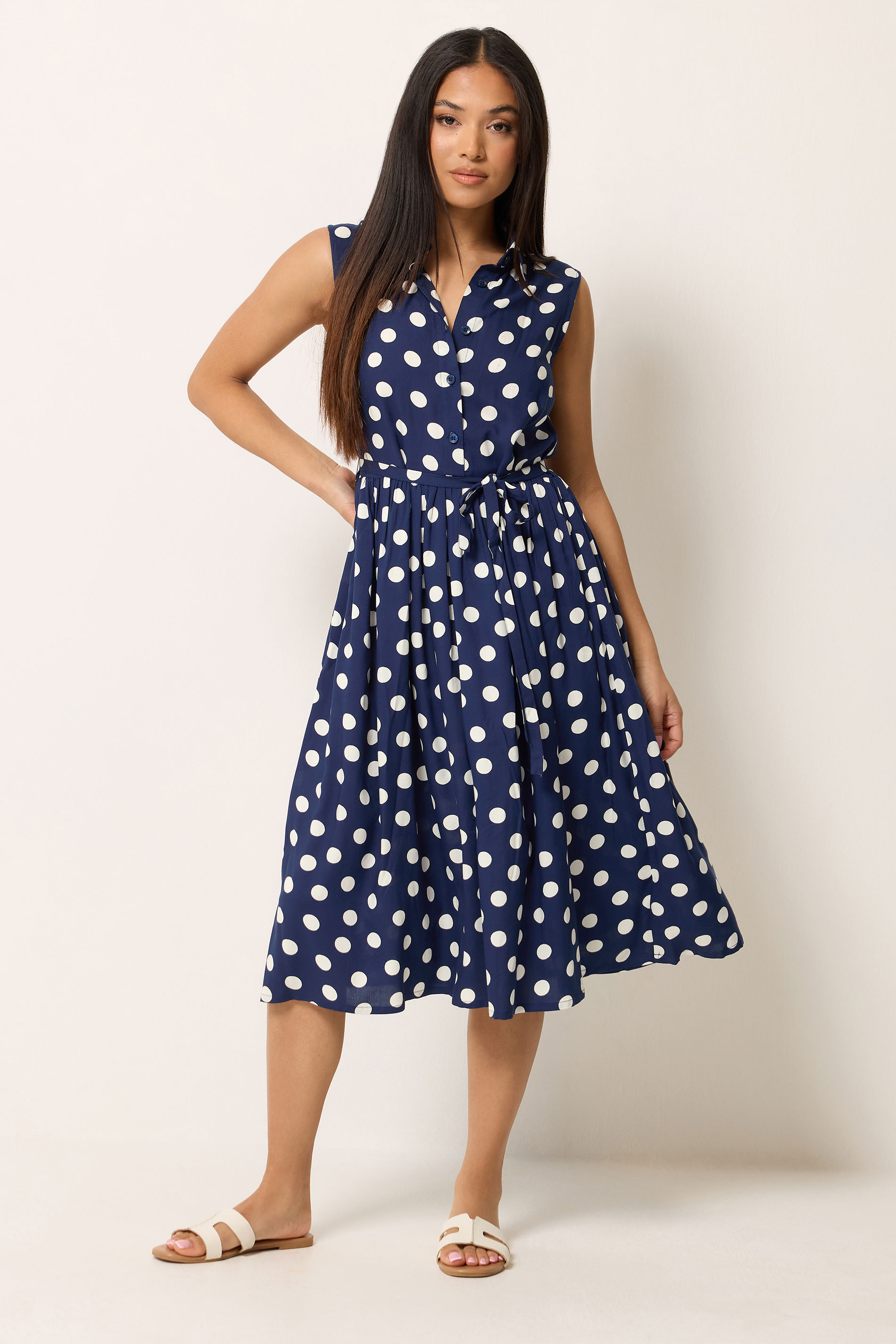 M&Co Petite Navy Blue Polka Dot Shirt Dress | M&Co 1