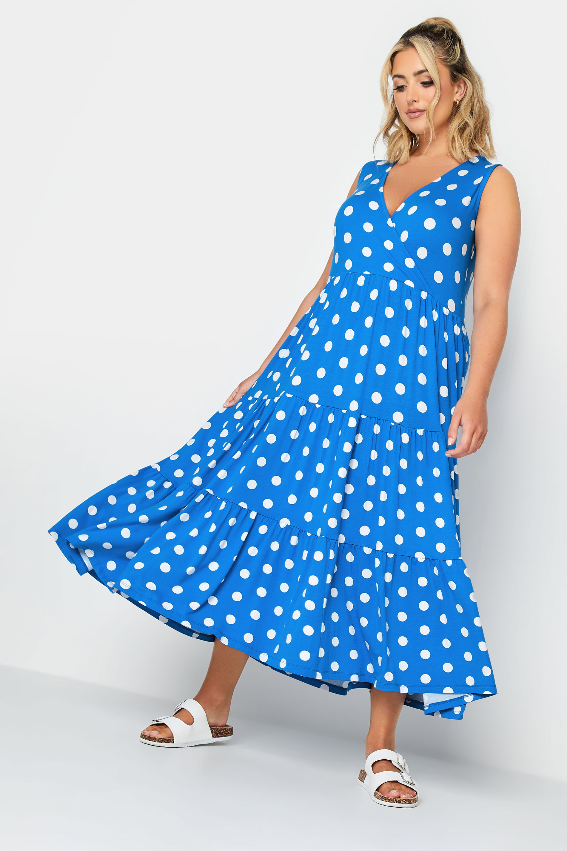 YOURS Curve Plus Size Cobalt Blue Polka Dot Print Sleeveless Maxi Dress | Yours Clothing  1