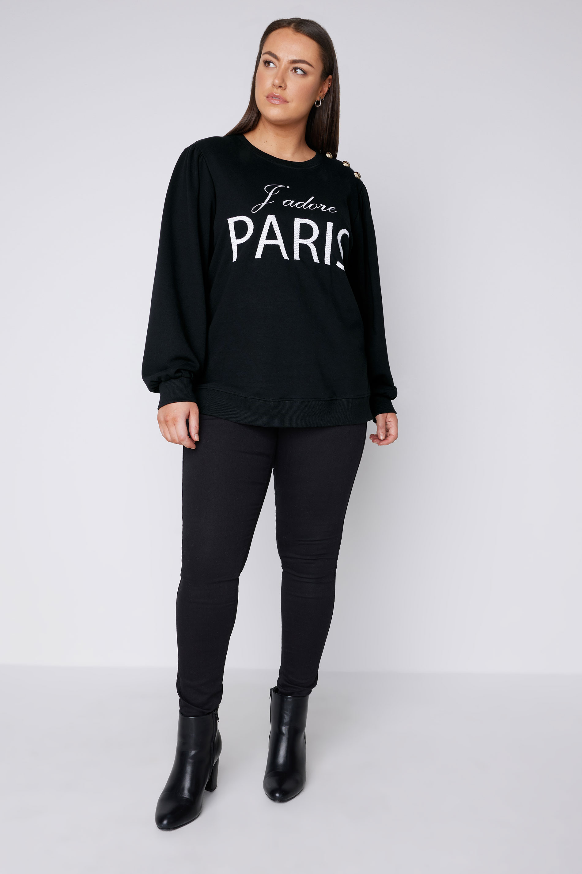 EVANS Plus Size Black 'Paris' Slogan Embroided Sweatshirt | Evans 2