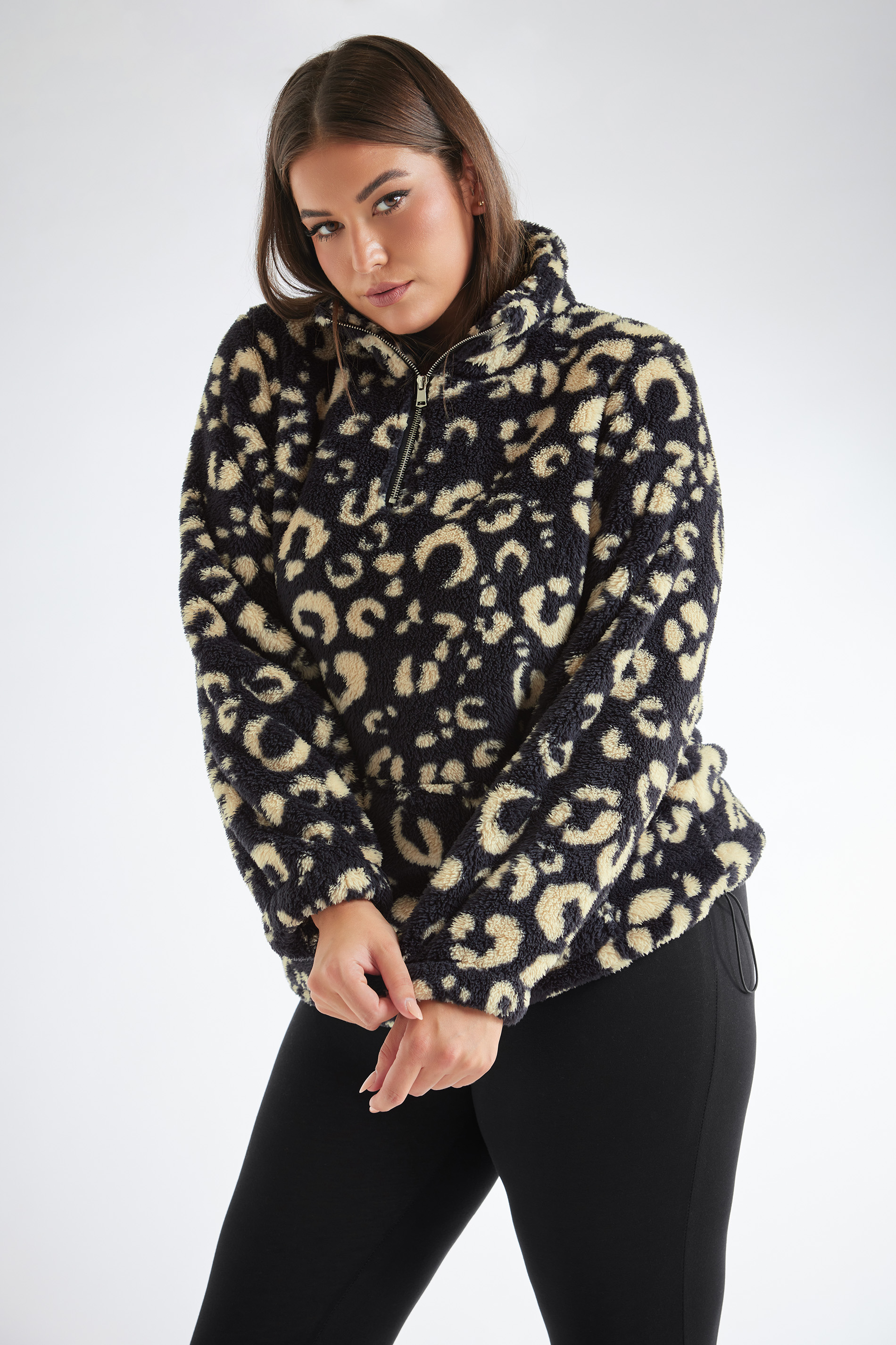 YOURS Plus Size Black Leopard Print Half Zip Fleece Sweatshirt | Yours Clothing 1