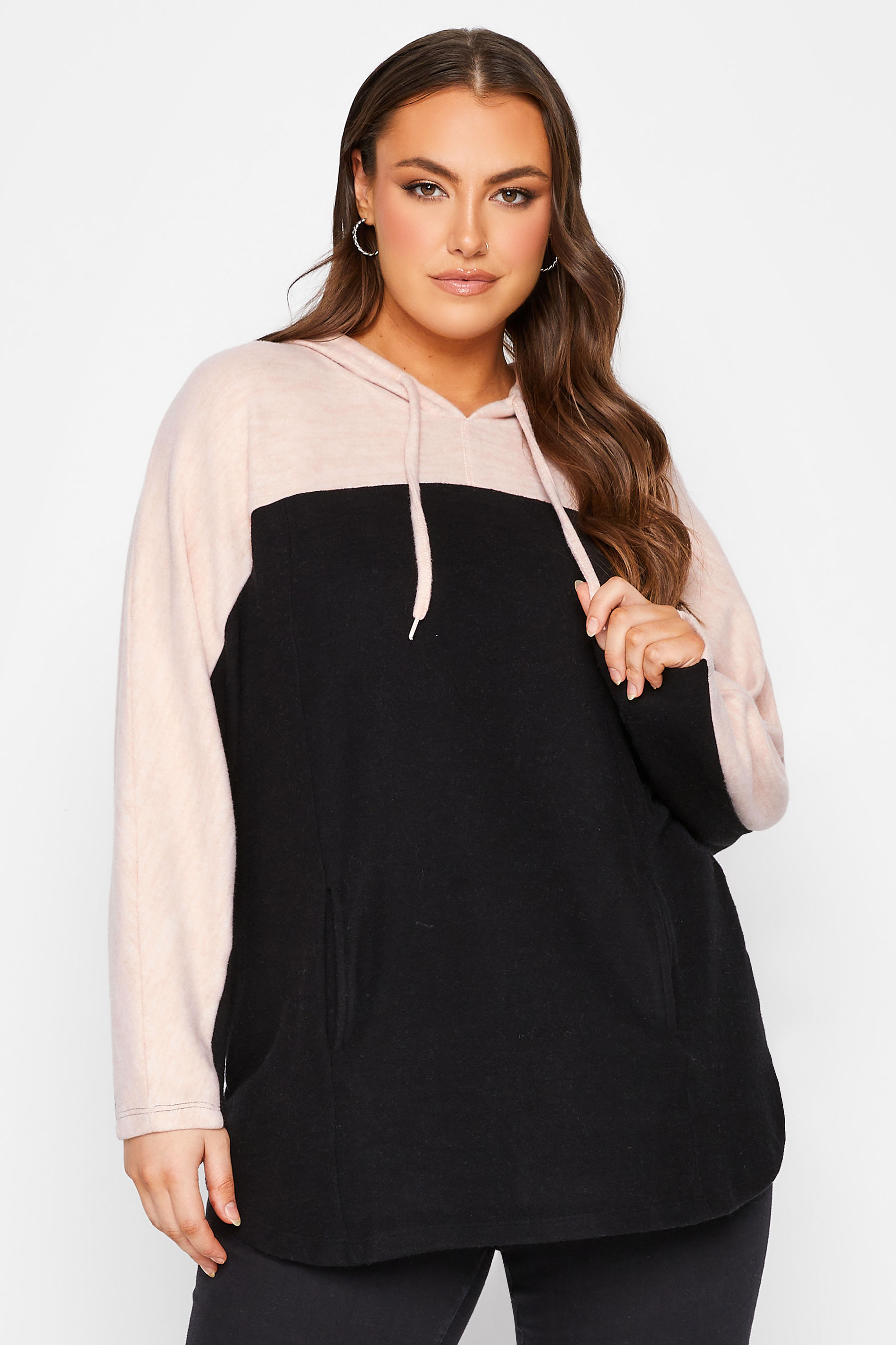 Plus Size Black & Pink Colour Block Soft Touch Hoodie | Yours Clothing 1