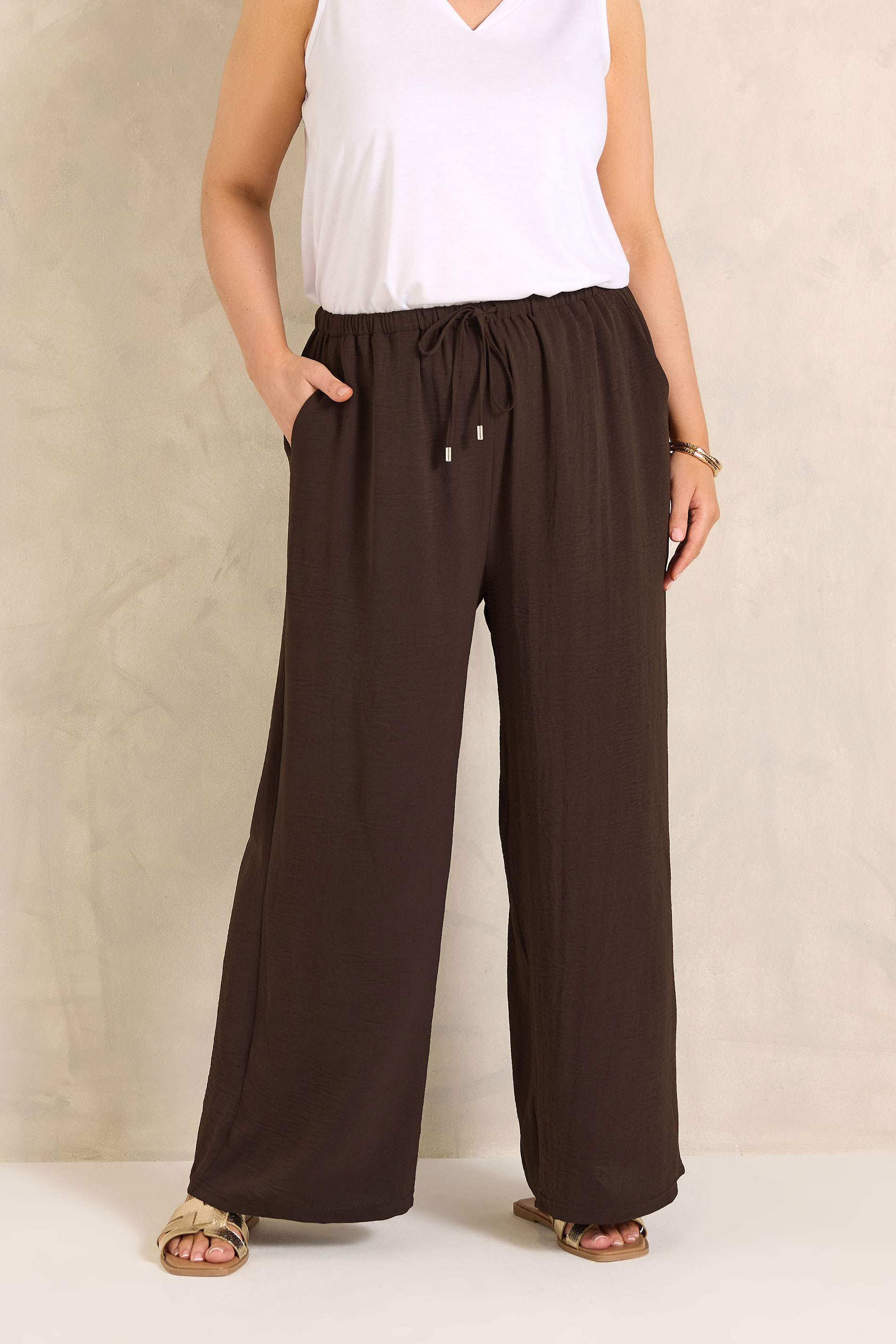 EVANS Plus Size Chocolate Brown Tie Waist Wide Leg Trousers | Evans 1