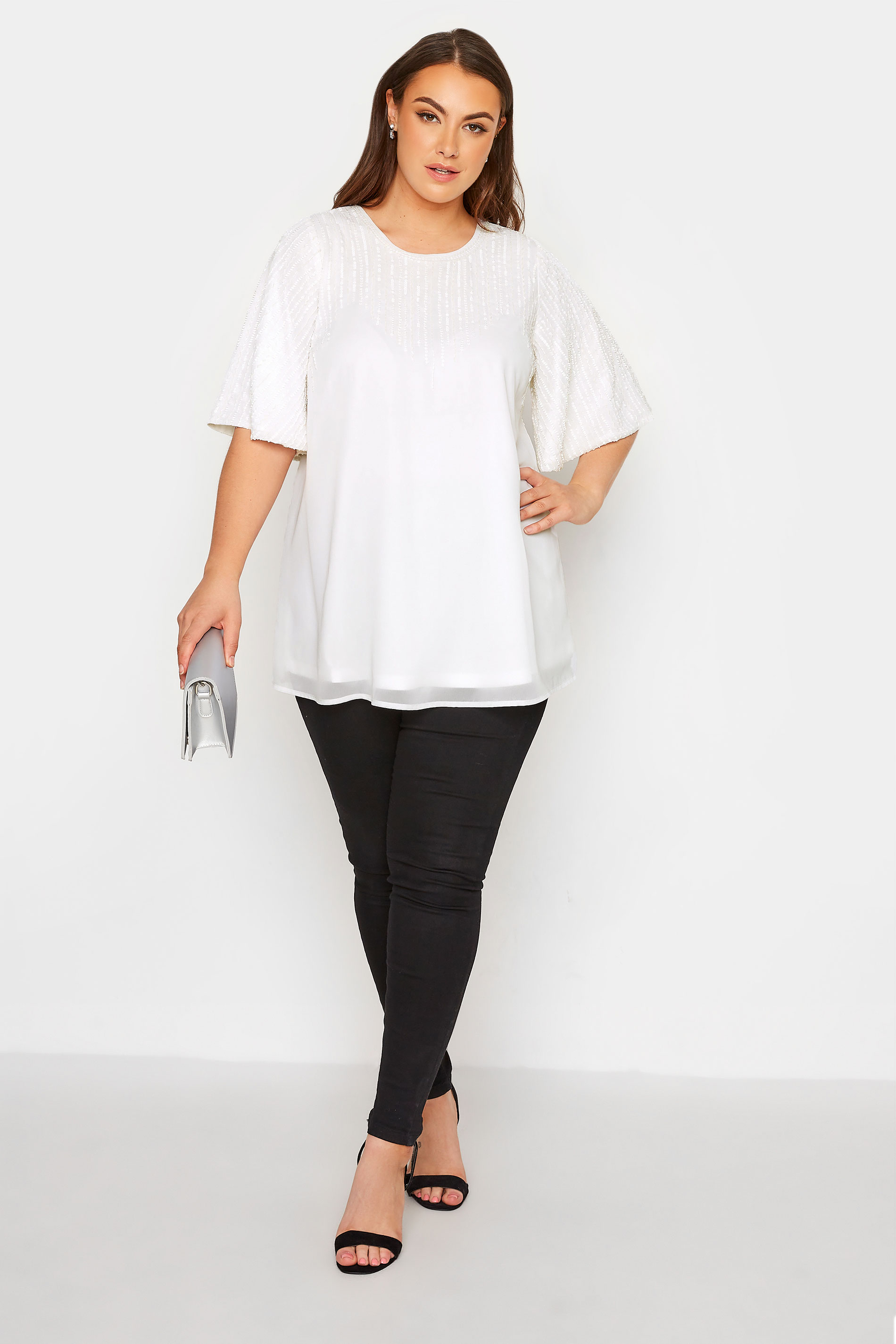 LUXE Plus Size White Sequin Hand Embellished Sweetheart Top | Yours Clothing  2