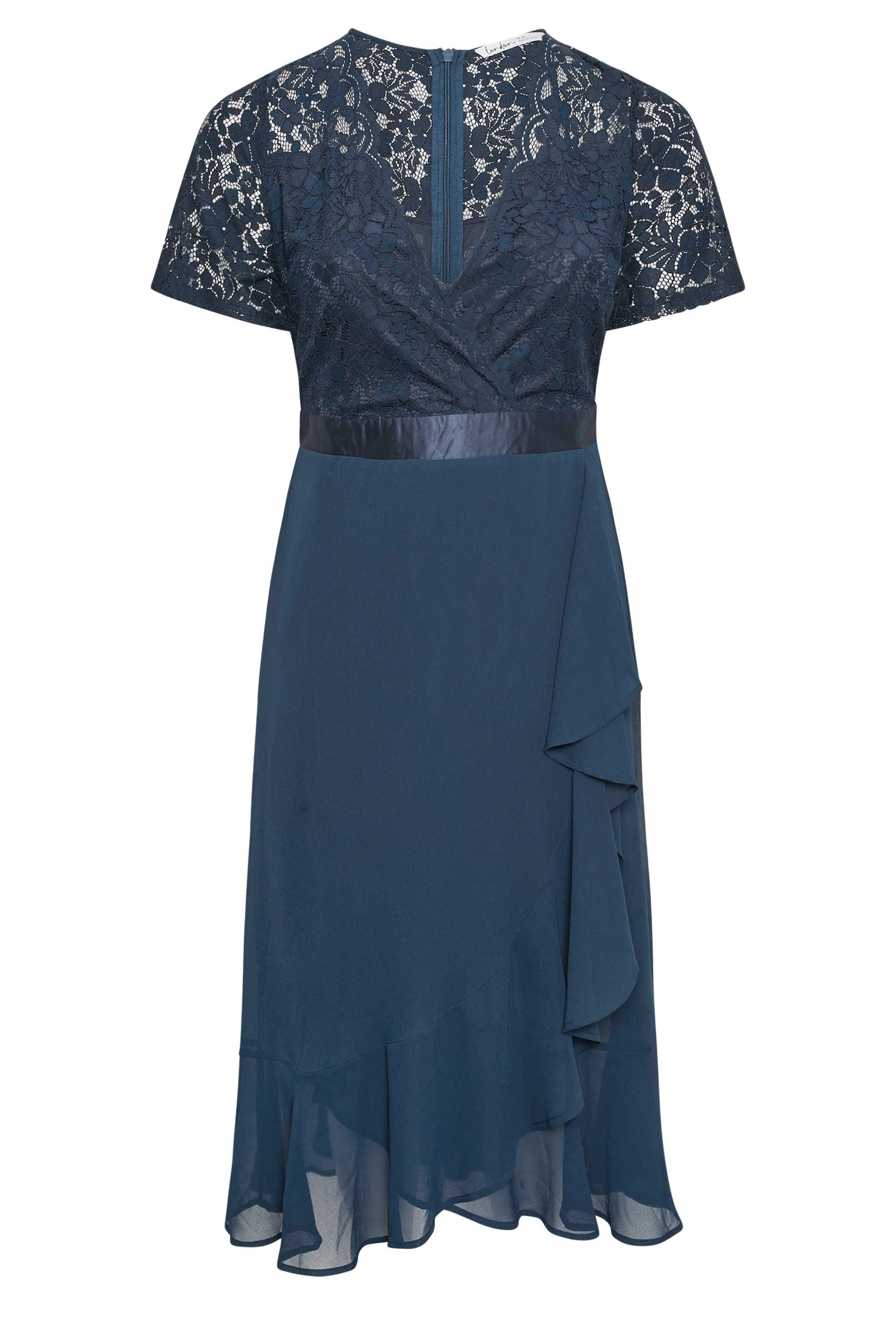 YOURS LONDON Plus Size Navy Blue Lace Wrap Ruffle Midi Dress | Yours Clothing 2