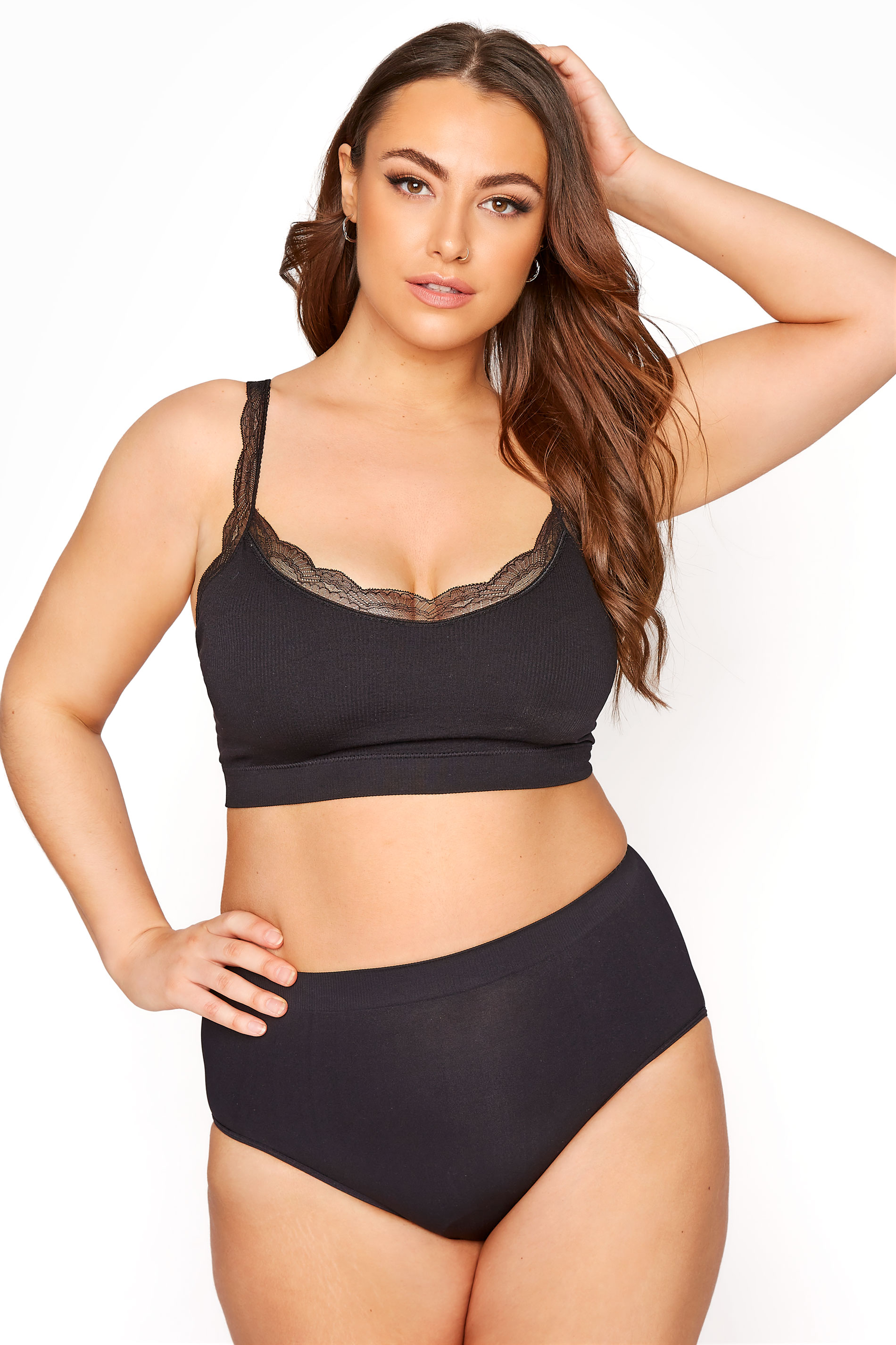Plus Size Black Lace Trim Seamless Padded Non-Wired Bralette | Yours Clothing 2