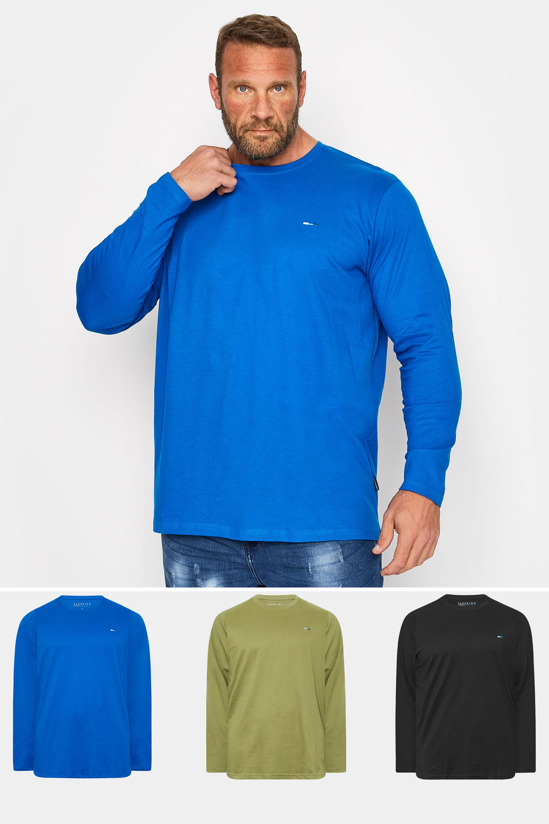 BadRhino Big & Tall 3 Pack Blue & Khaki Green Long Sleeve T-Shirts | BadRhino 1