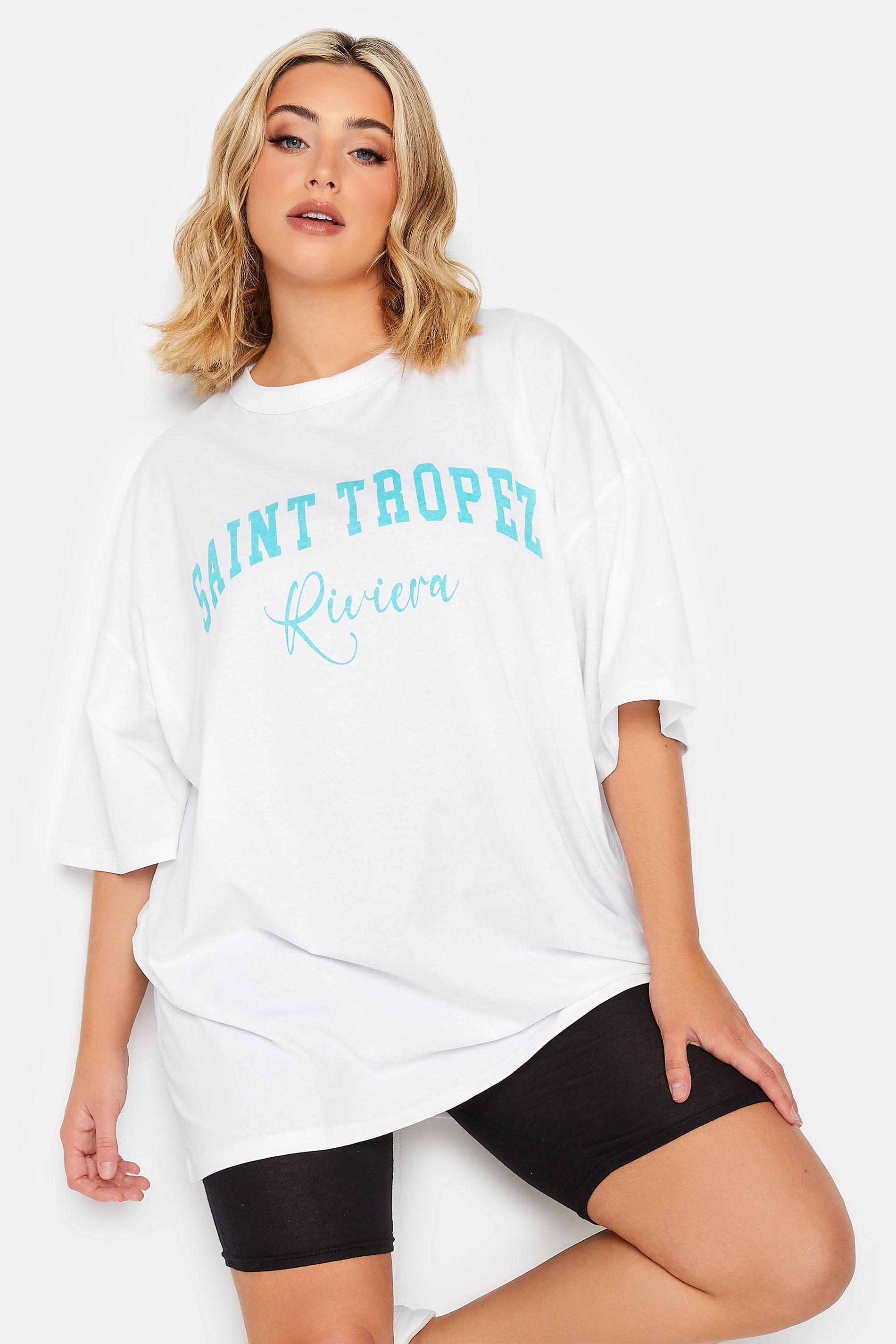 YOURS Curve Plus Size White 'Saint Tropez' Slogan Oversized Boxy T-Shirt | Yours Clothing  1