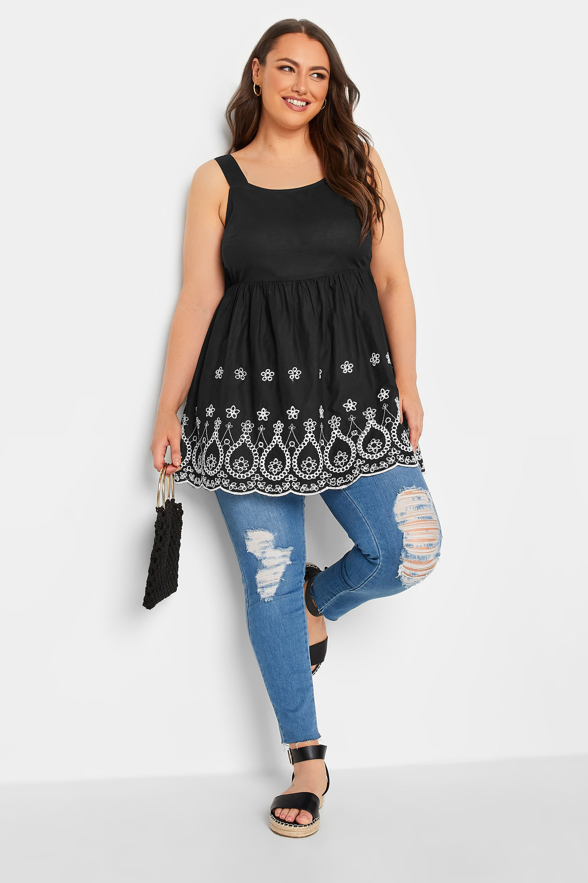 YOURS Plus Size Black & White Broderie Anglaise Vest Top | Yours Clothing 2