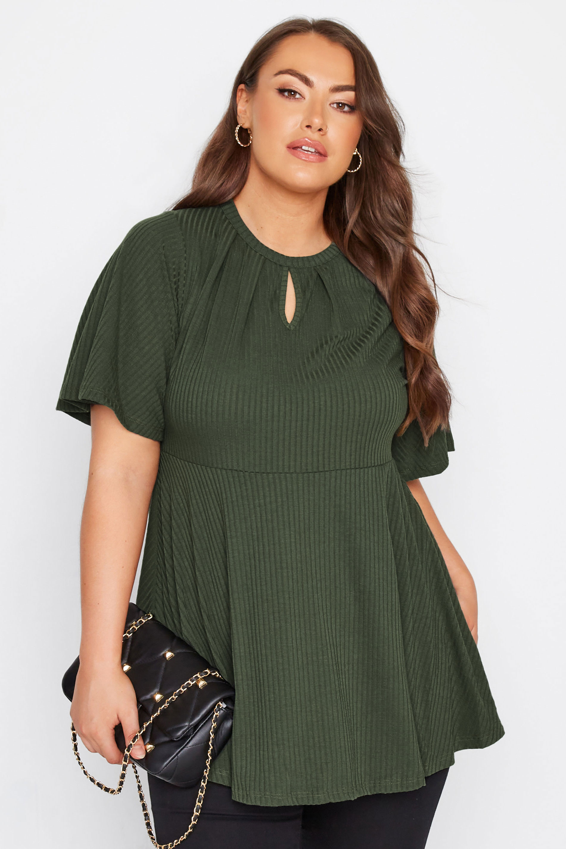 LIMITED COLLECTION Plus Size Dark Green Keyhole Ribbed Peplum Top | Yours Clothing 1