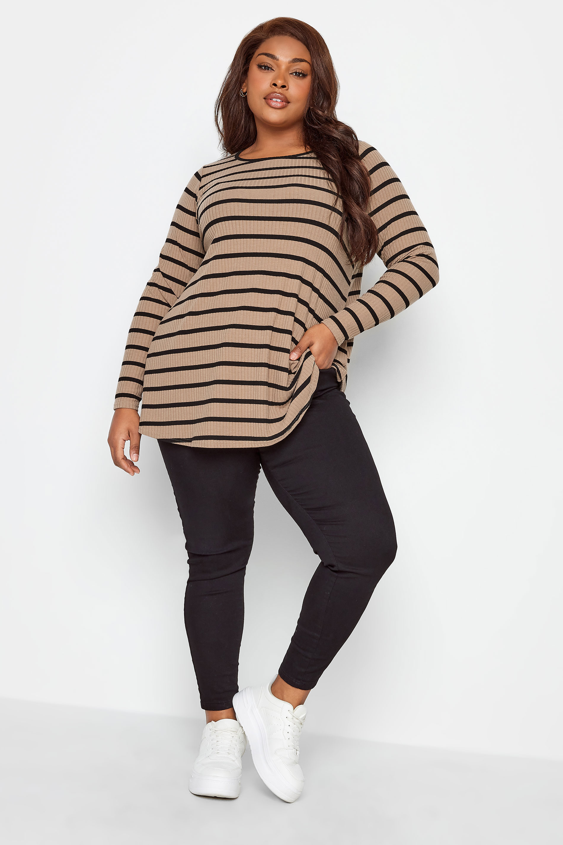 YOURS Curve Plus Size 2 PACK Black & Brown Stripe Ribbed Swing Top | Yours Clothing  3