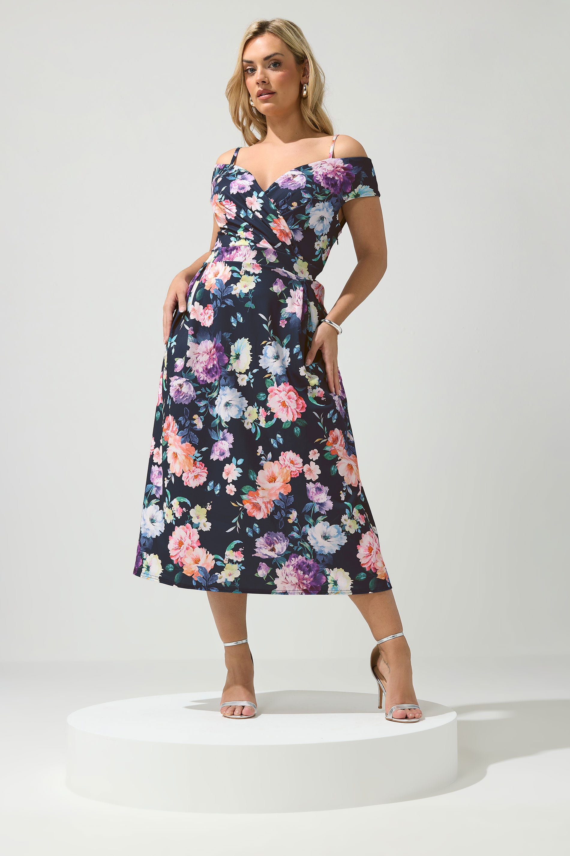 YOURS LONDON Plus Size Navy Blue Bardot Floral Skater Dress | Yours Clothing 1