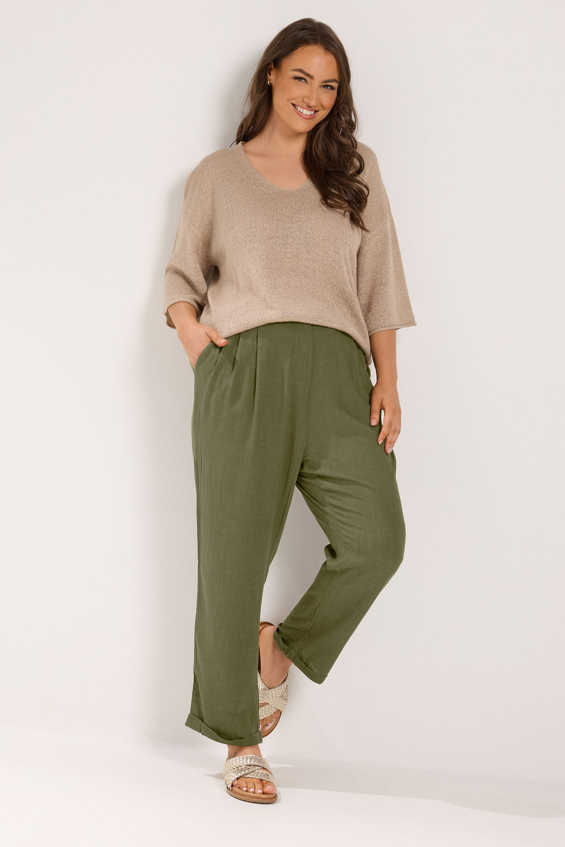YOURS Plus Size Khaki Green Formal Linen Trousers | Yours Clothing 2