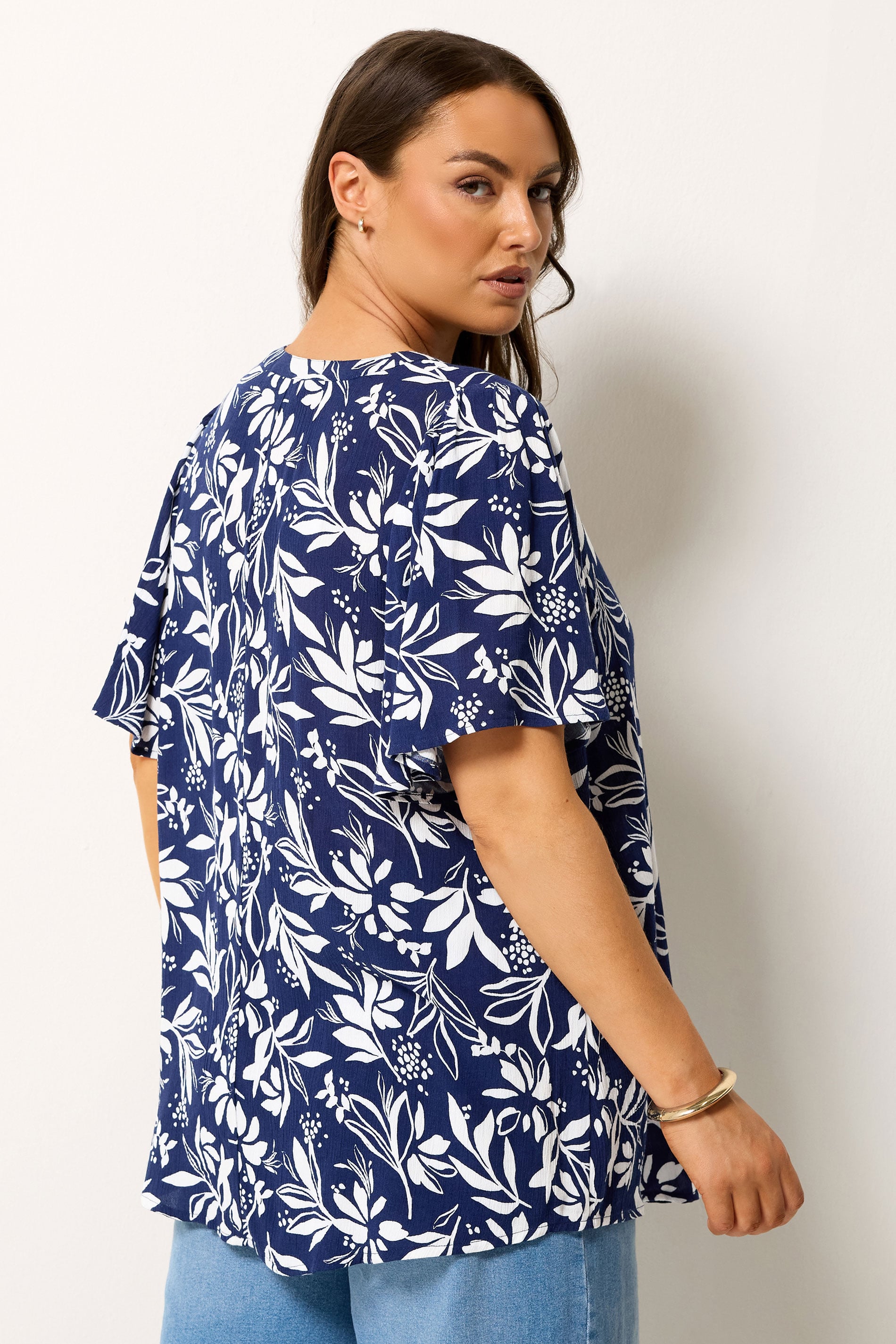 YOURS Plus Size Navy Blue Leaf Notch Neck Top | Yours Clothing 2