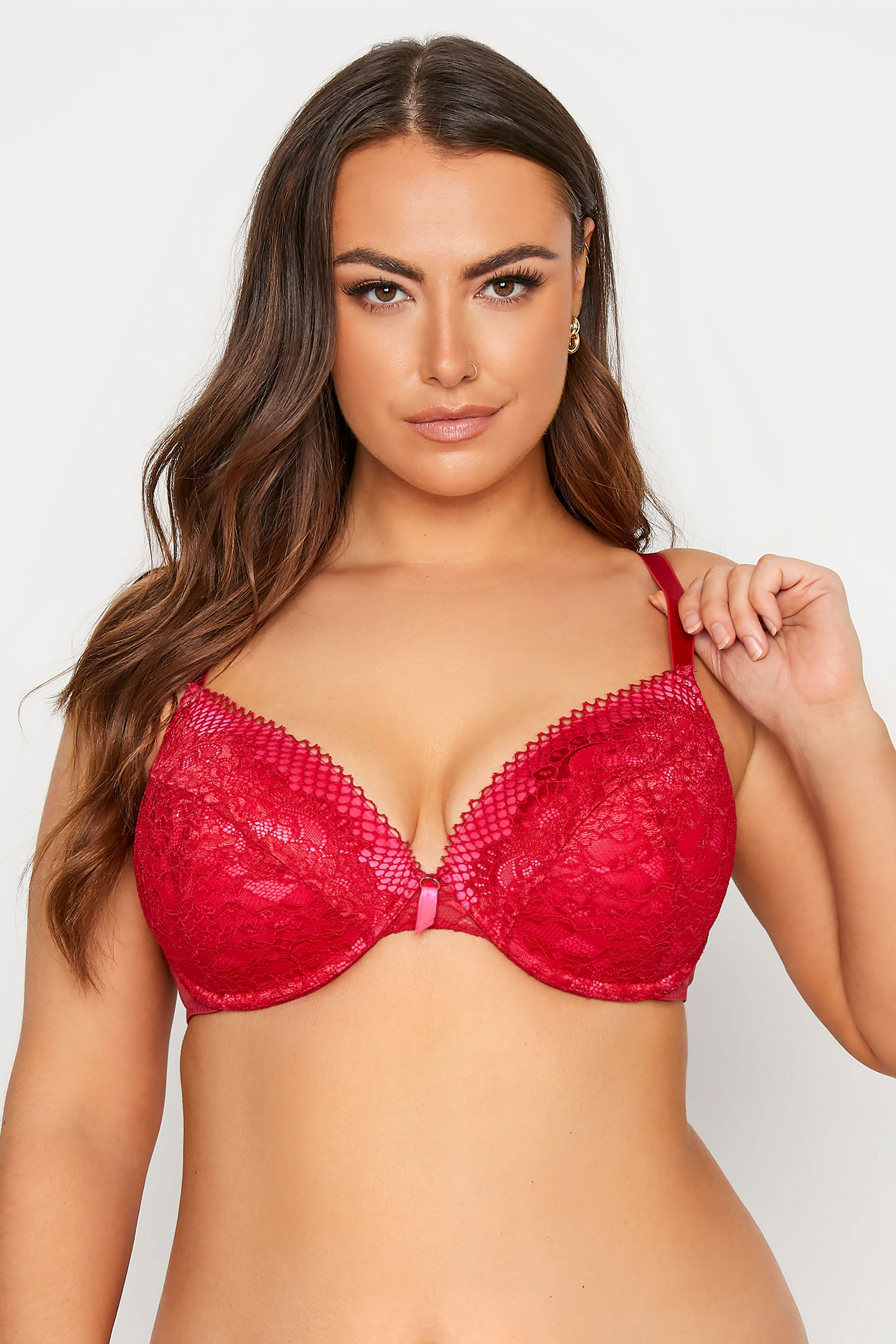 Plus Size Red Lace Padded Underwired Plunge Bra | Yours Clothing  1