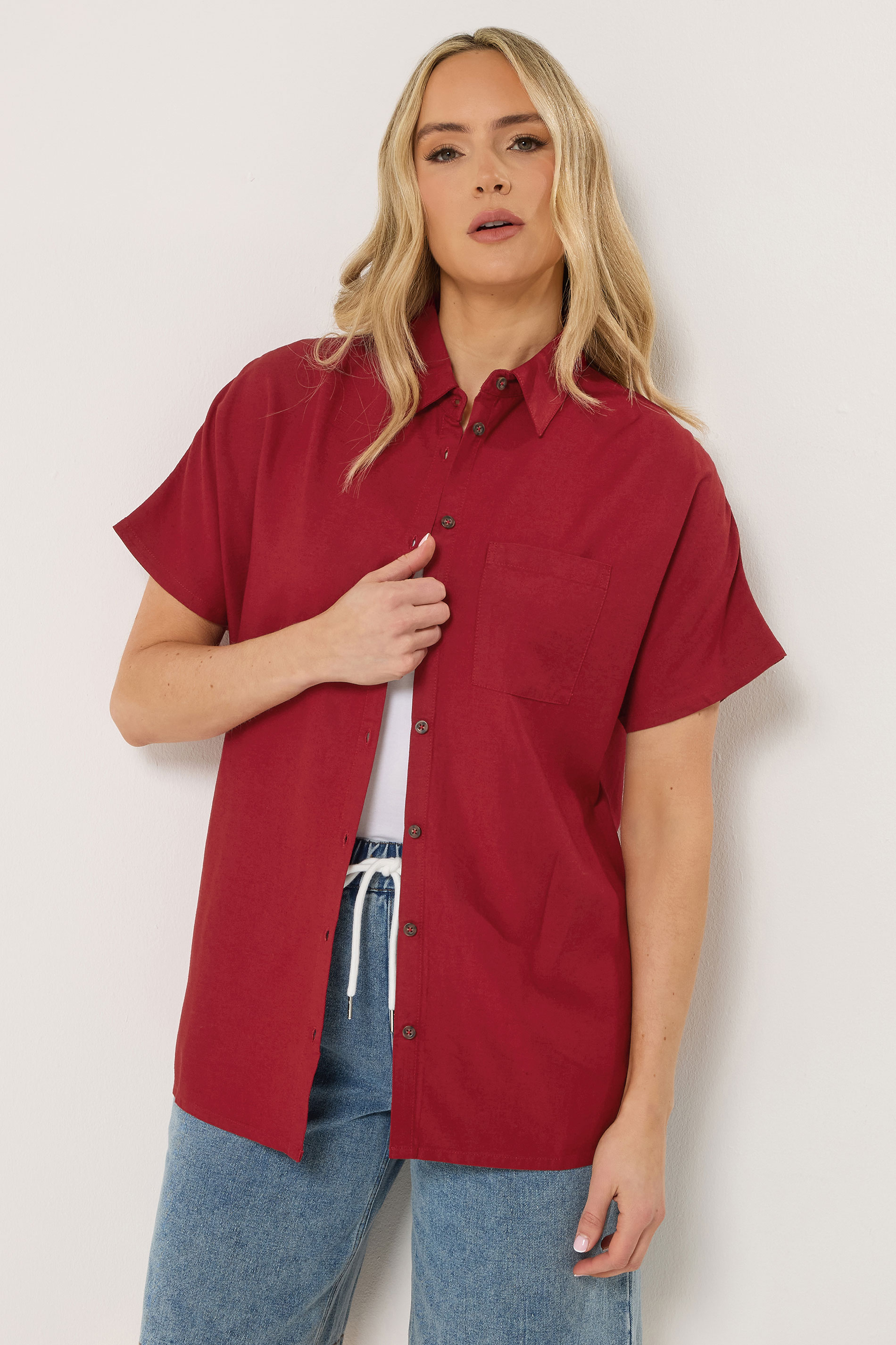 LTS Tall Women's Berry Red Short Sleeve Linen Shirt | Long Tall Sally 3