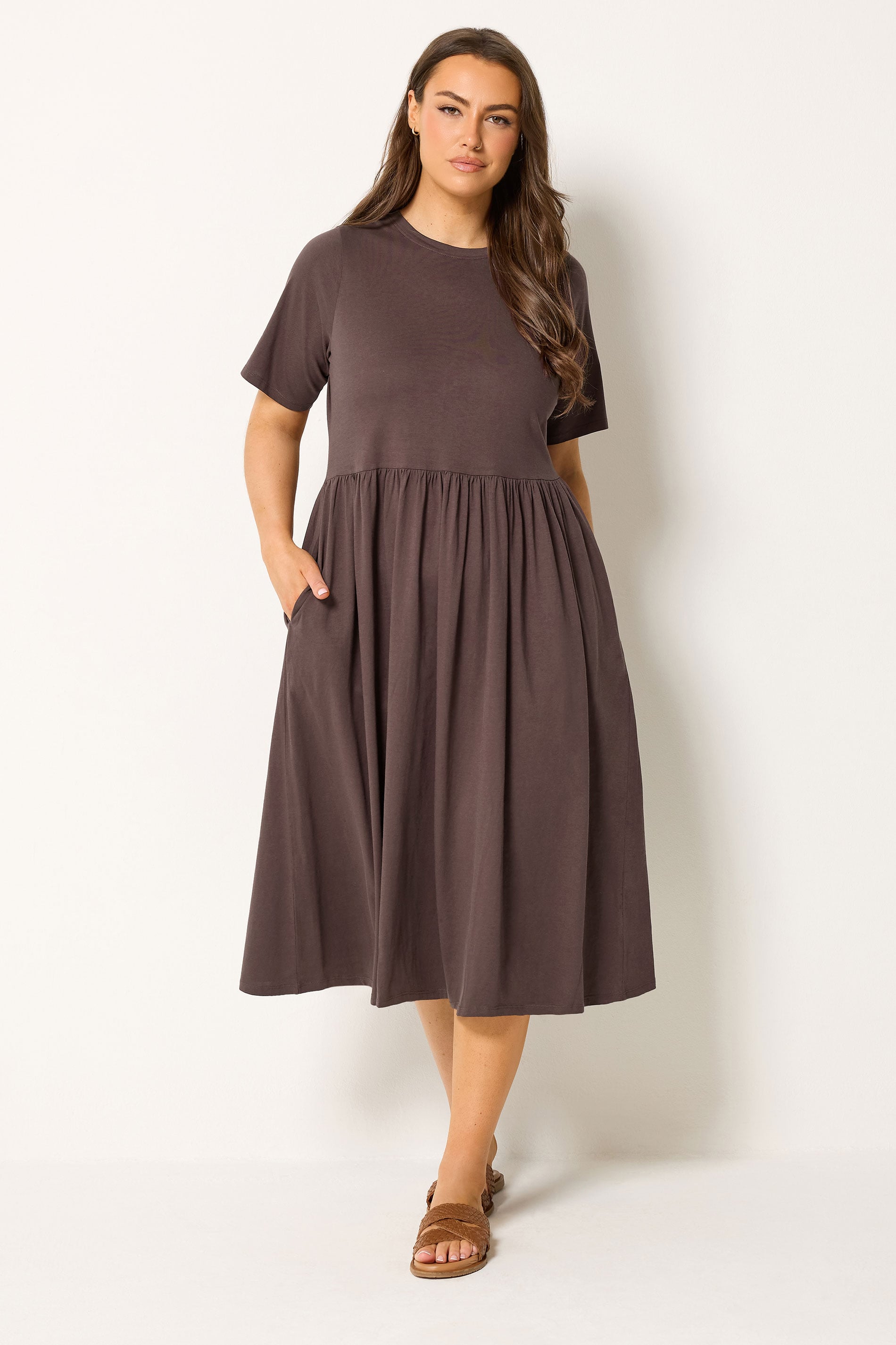 YOURS Plus Size Chocolate Brown Throw on Smock Dress | Yours Clothing 1