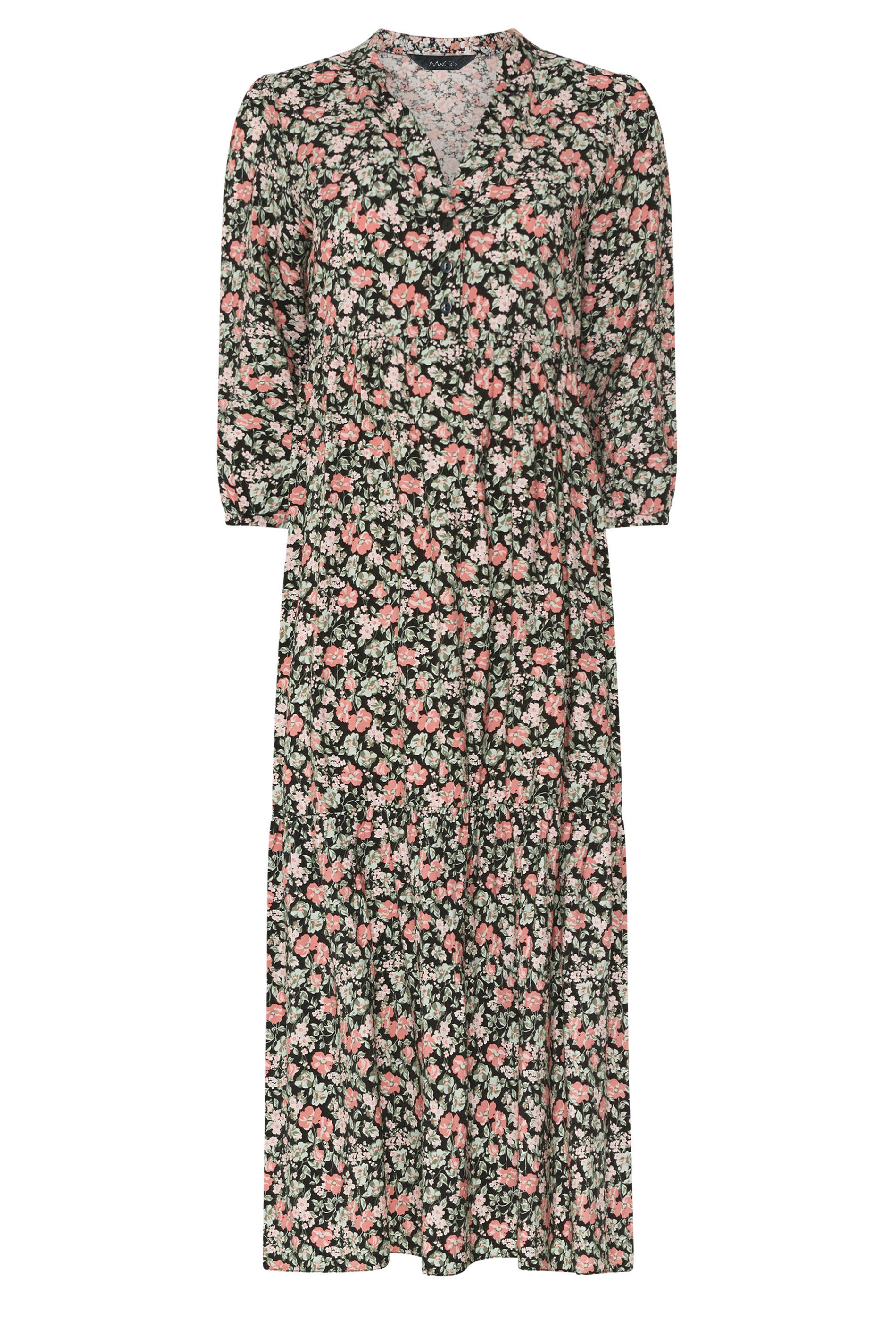 M&Co Black & Pink Floral Tiered Midi Dress | M&Co 5
