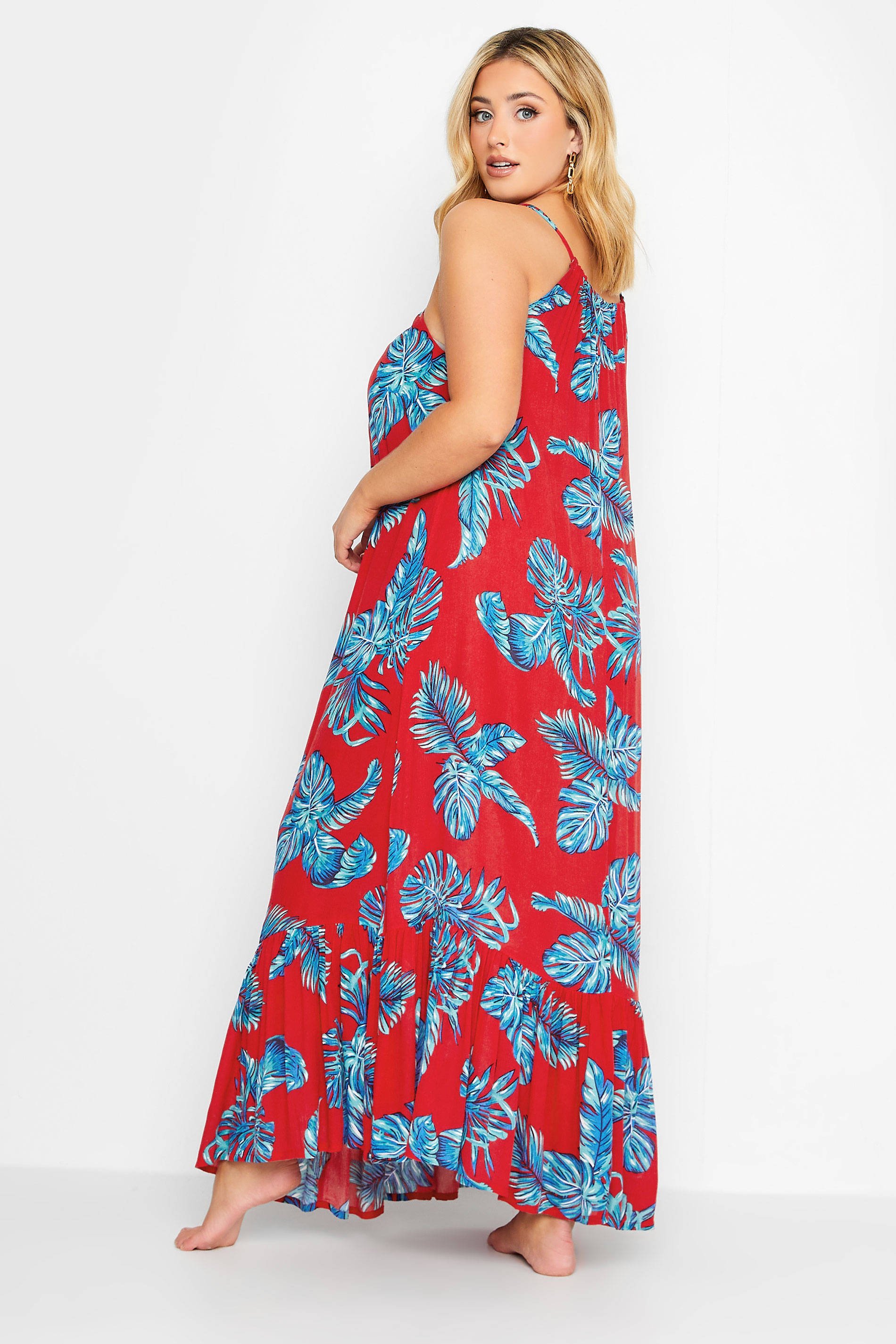 YOURS Curve Plus Size Red Tropical Print Tiered Beach Dress | Yours Clothing  3