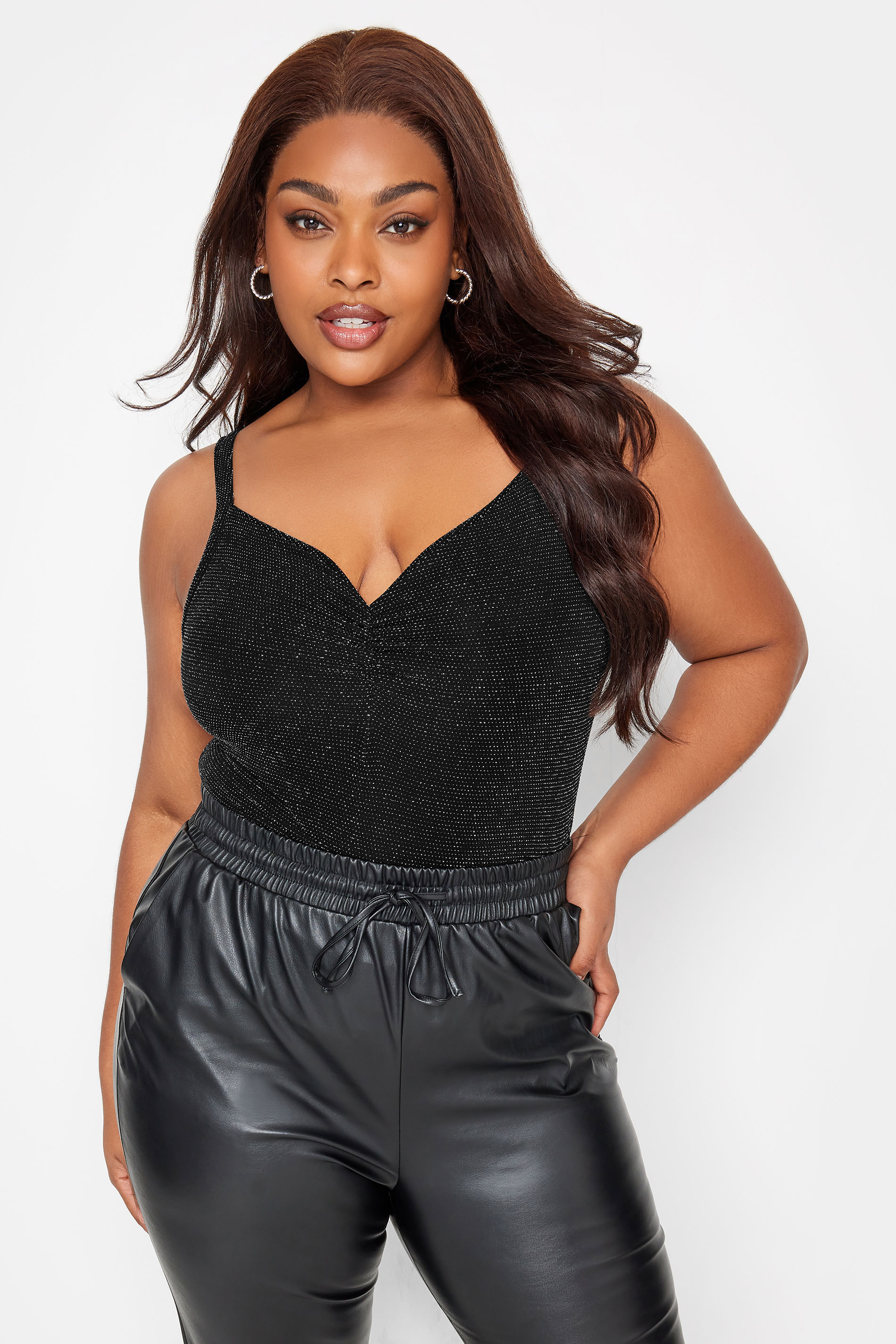 LIMITED COLLECTION Curve Black & Silver Glitter Ruched Bodysuit | Yours Clothing 1