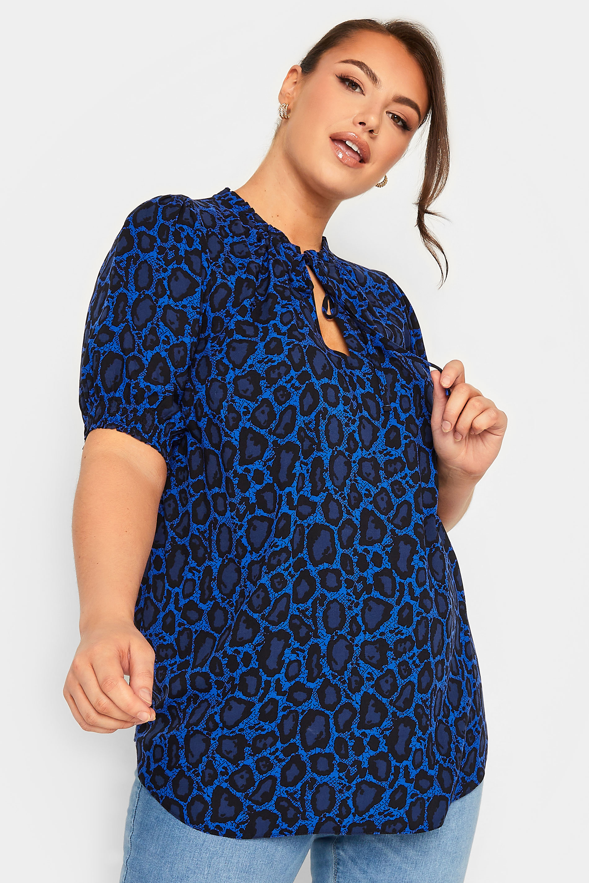 YOURS Plus Size Blue Animal Print Neck Tie Blouse | Yours Clothing 1
