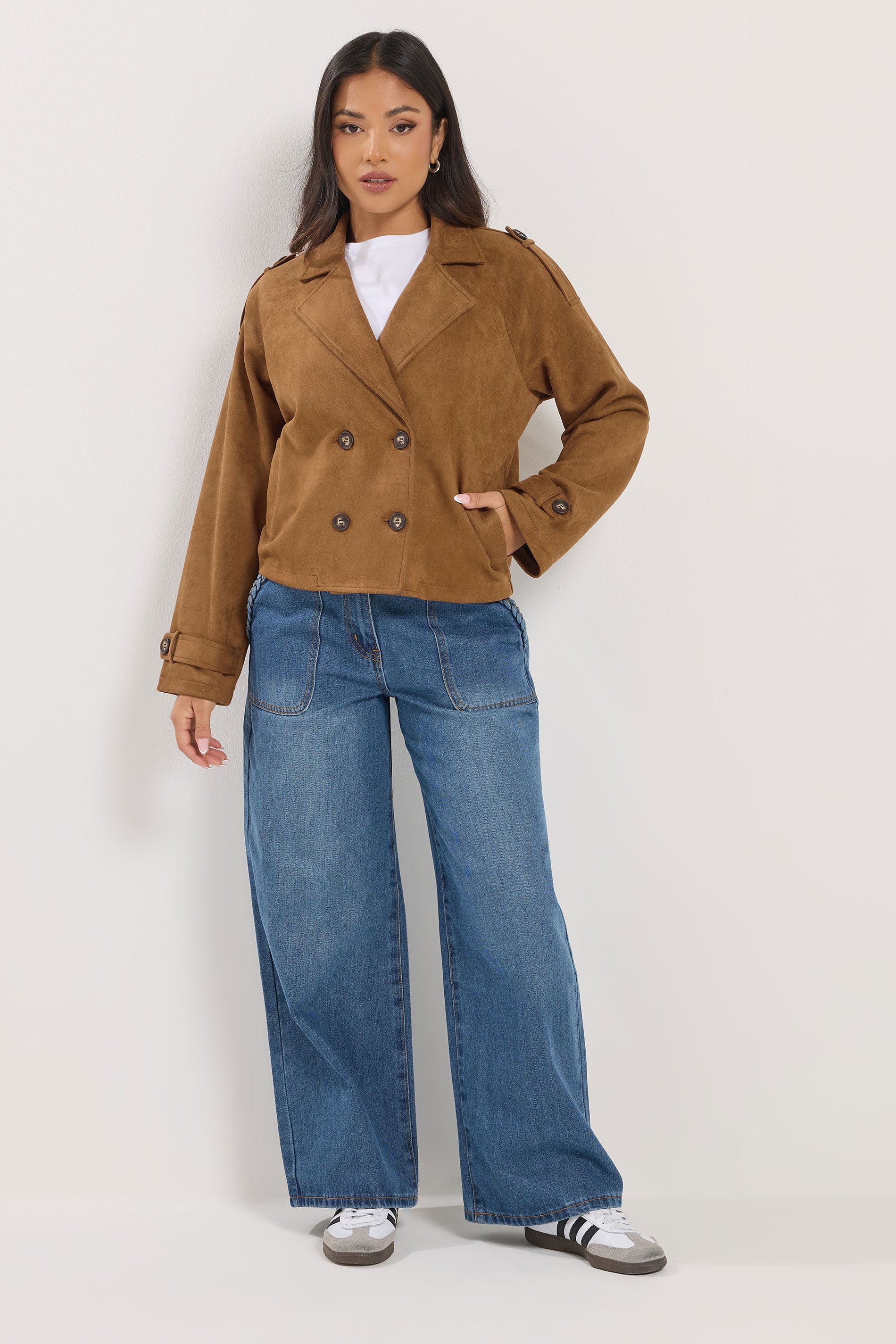 PixieGirl Petite Women's Brown Faux Suede Cropped Trench Coat | PixieGirl 2
