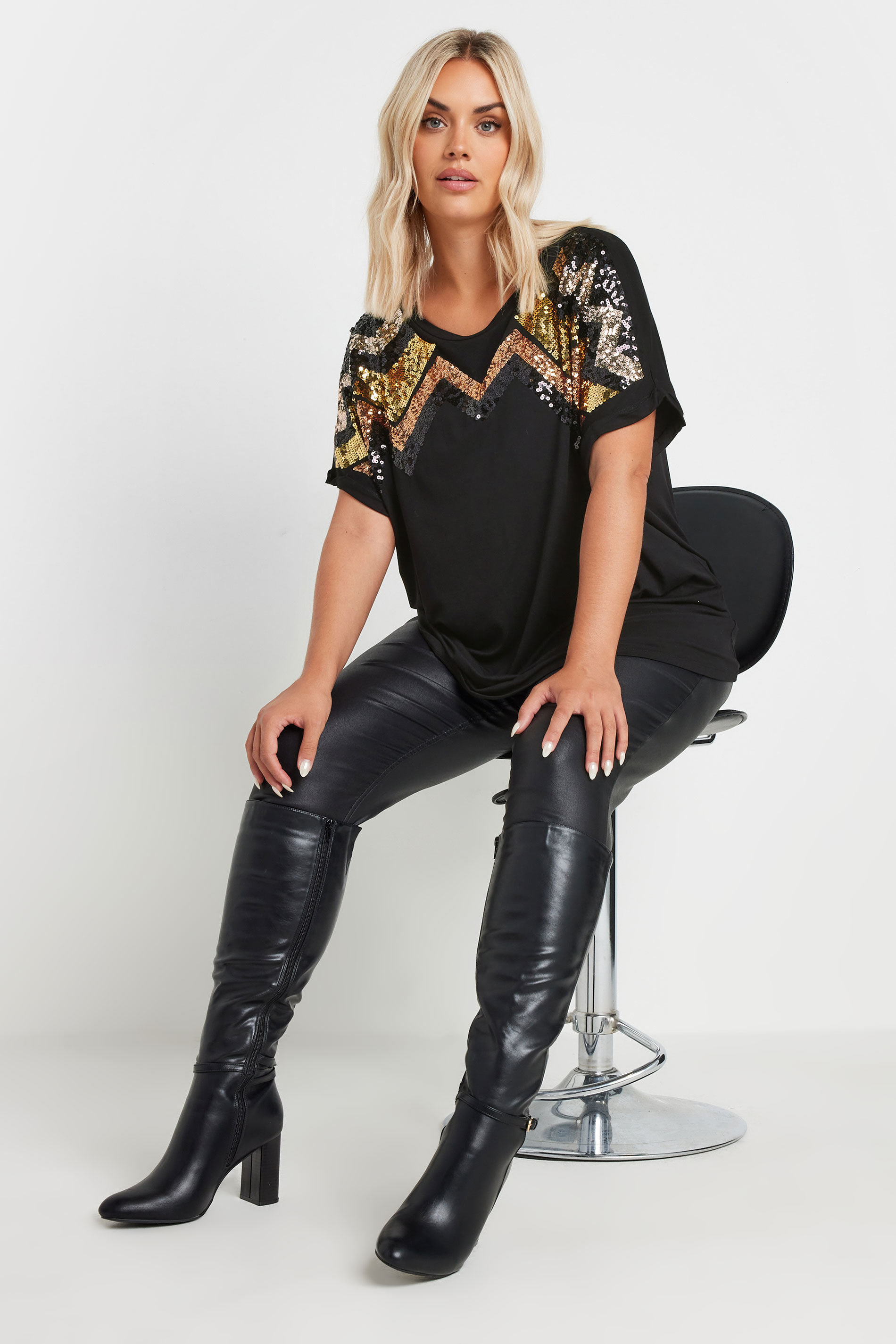 YOURS Plus Size Black Sequin Embellished Short Sleeve T-Shirt | Yours  Clothing