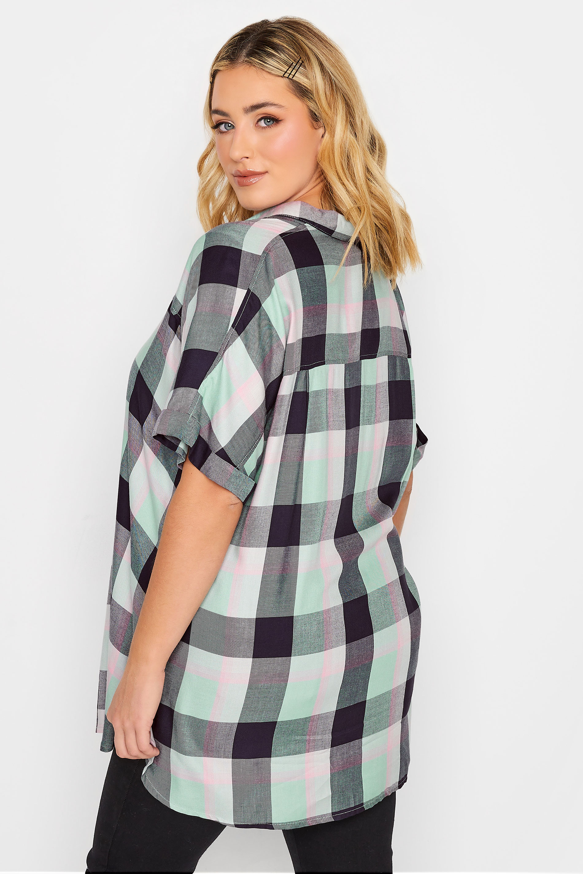 YOURS Plus Size Curve Mint Green & Navy Blue Check Short Sleeve Shirt ...