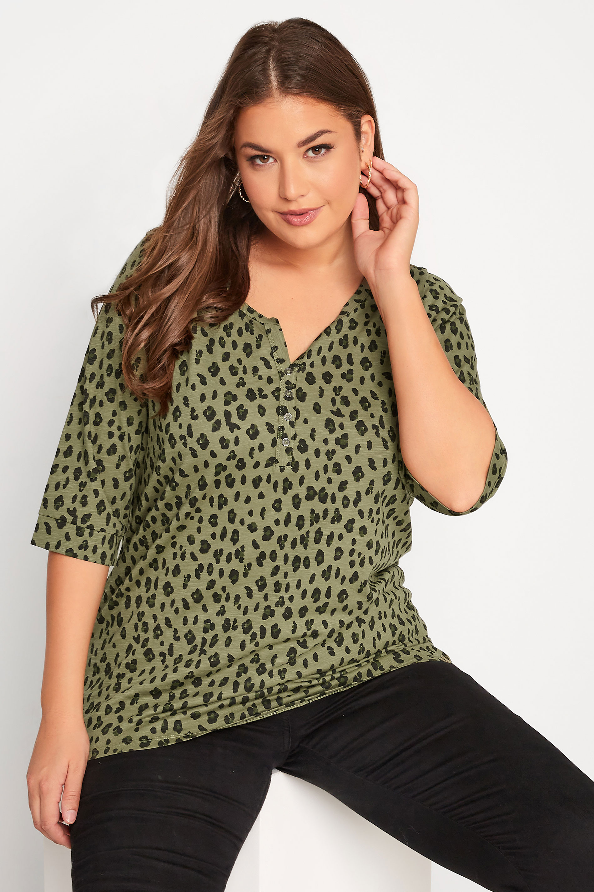 Plus Size Green Animal Print Pintuck Henley T-Shirt | Yours Clothing 1