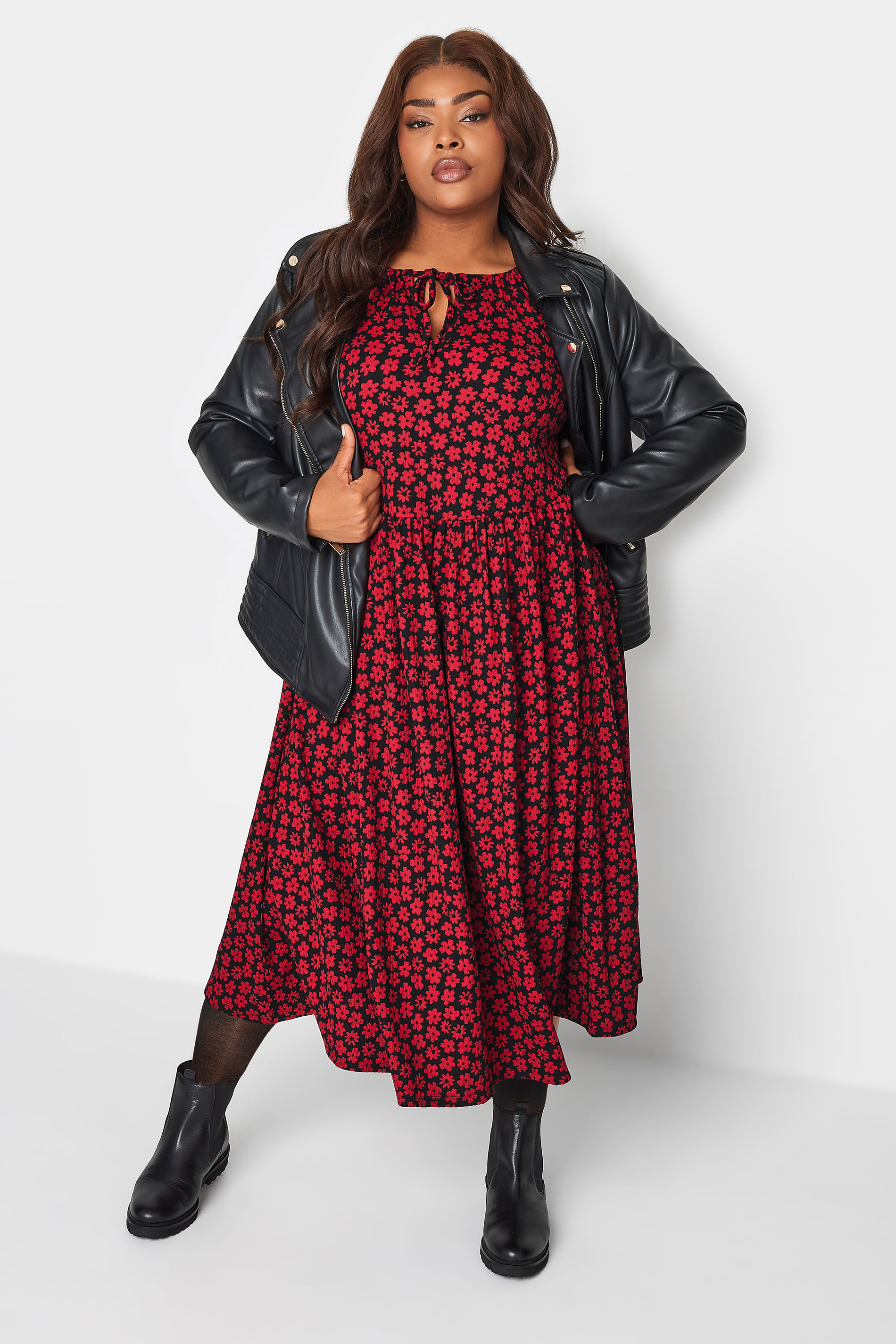 YOURS Plus Size Red Floral Print Textured Midaxi Dress | Yours Clothing 3