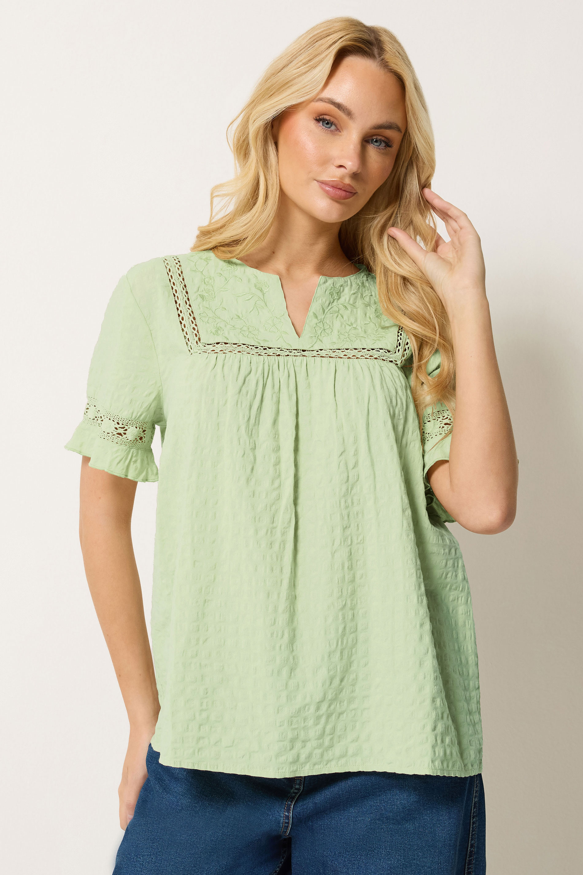 M&Co Sage Green Embroidered Cotton Ruffle Top | M&Co 3