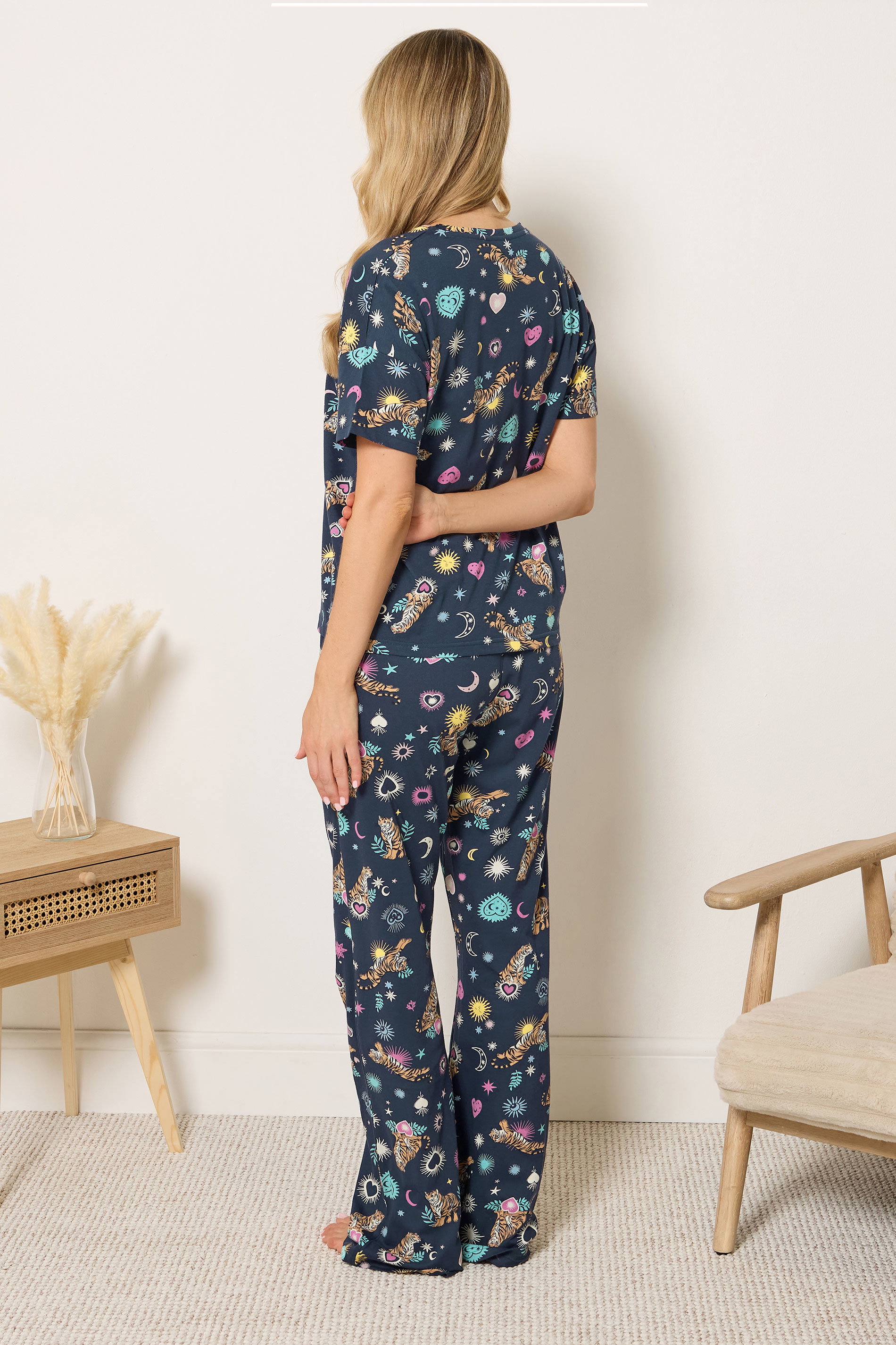 LTS Tall Women's Navy Blue Celestial Tiger Cotton Wide Leg Pyjama Set | Long Tall Sally 2