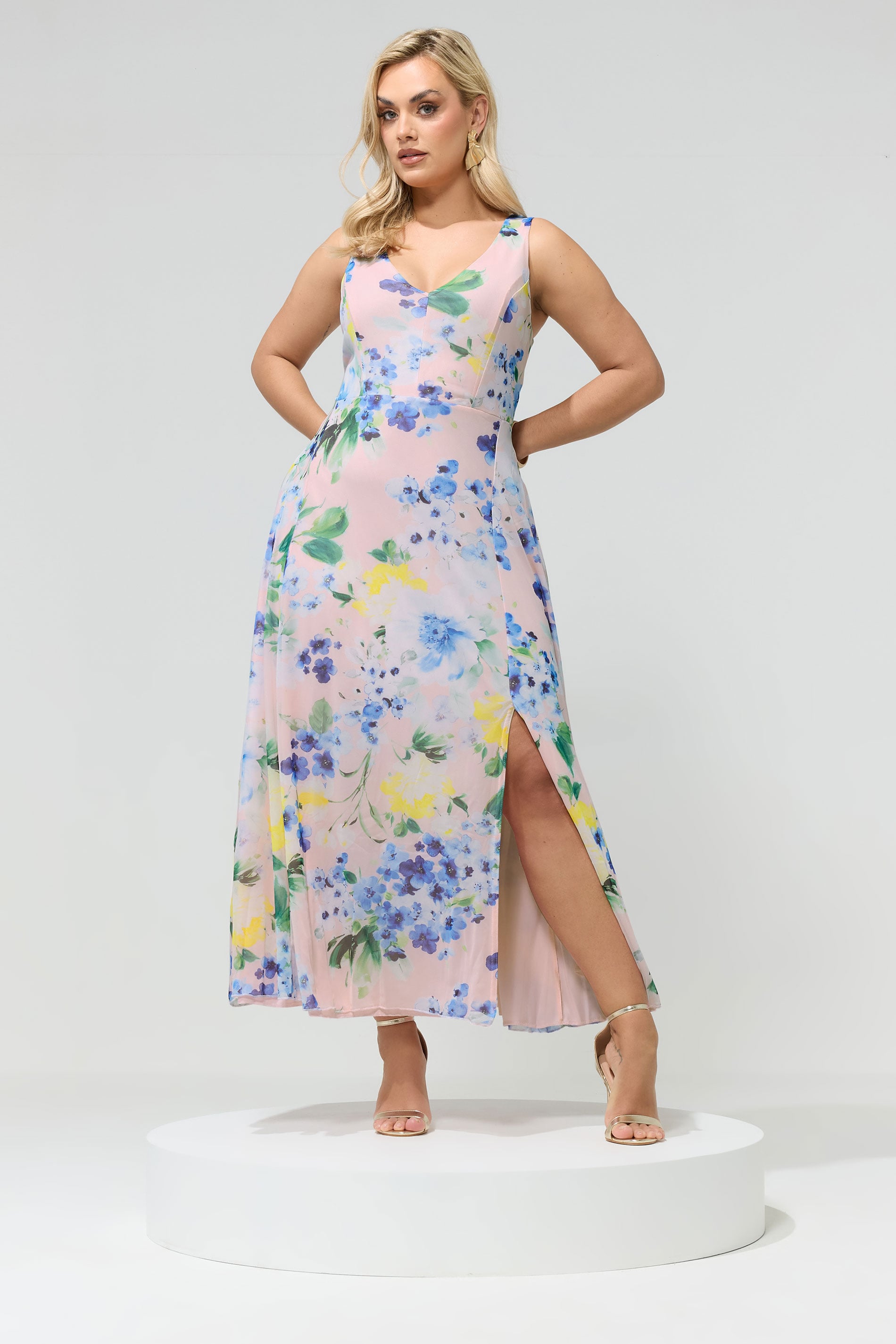YOURS LONDON Plus Size Pink Mesh Floral Print Sleeveless Maxi Dress | Yours Clothing 1