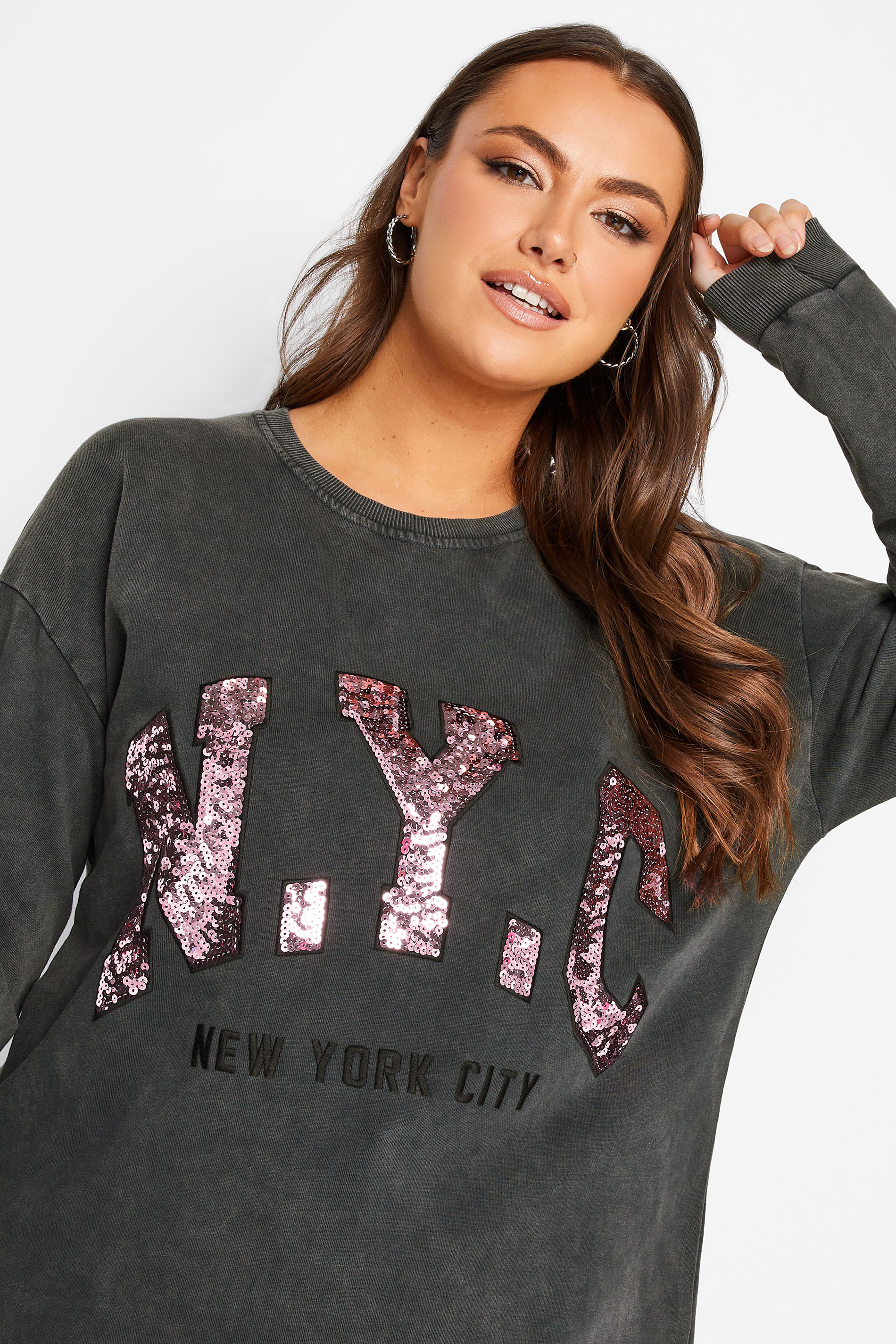 YOURS LUXURY Plus Size Grey Acid Wash Embellished 'NYC' Sweatshirt | Yours Clothing 1