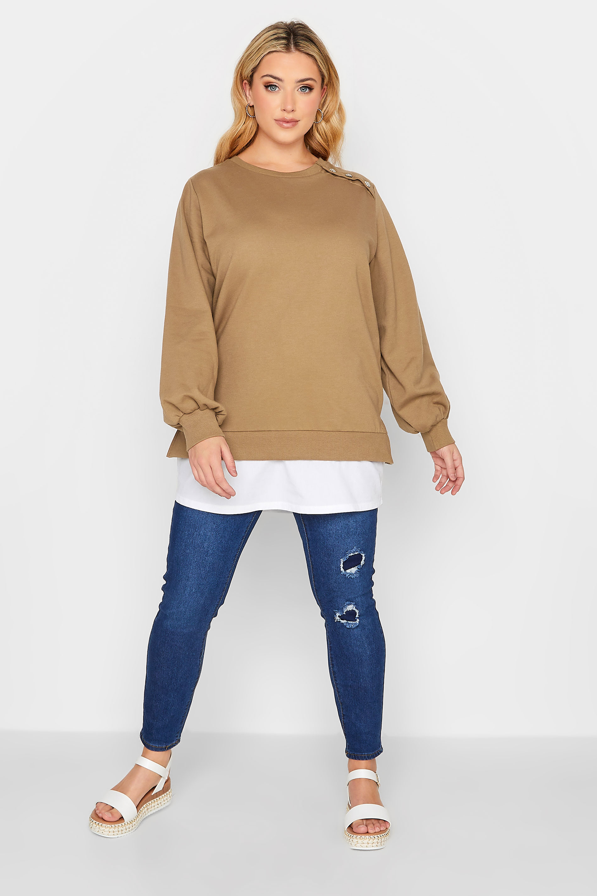 Curve Plus Size Brown Button Long Sleeve Sweatshirt | Yours Clothing  2