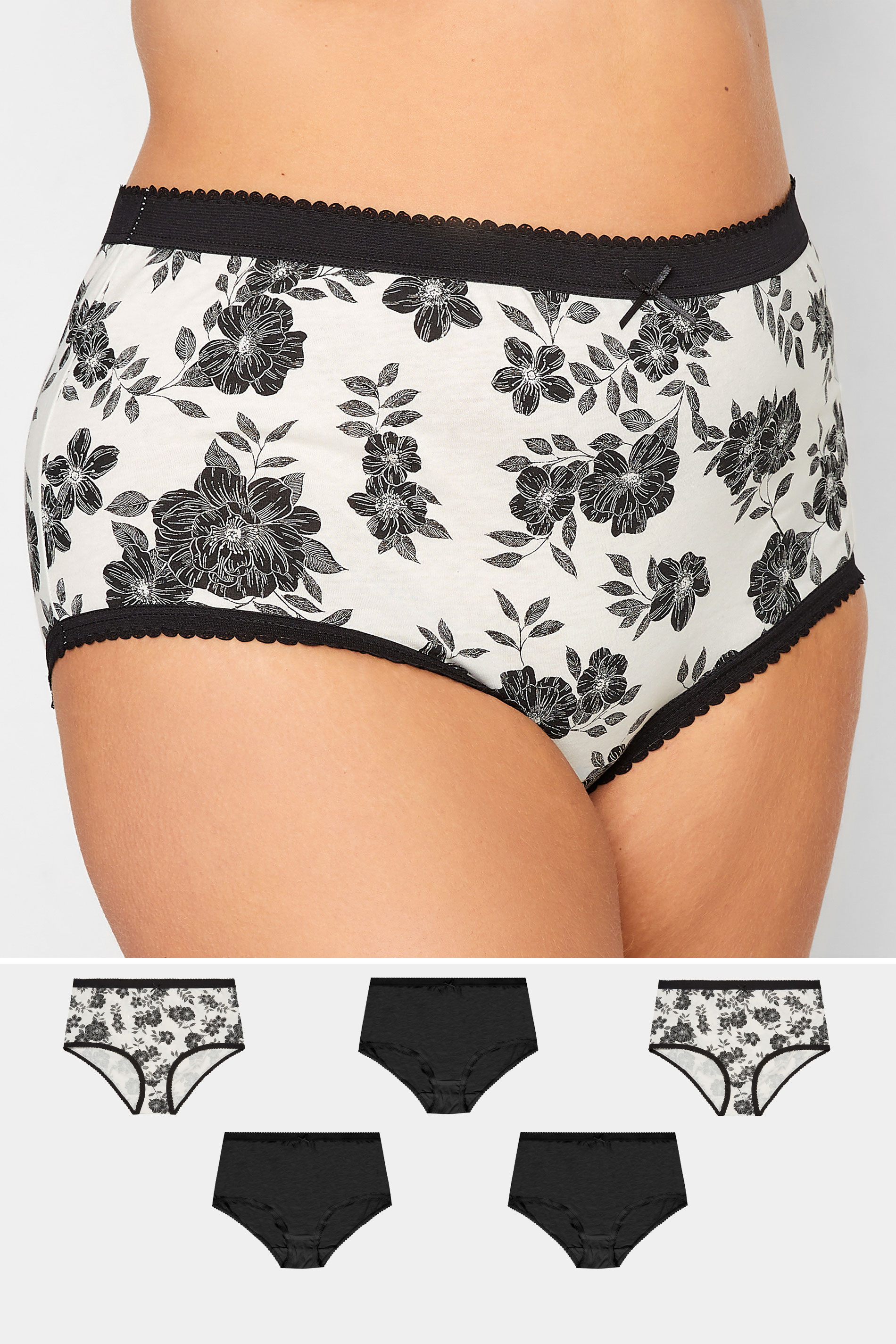 YOURS Plus Size Curve 5 PACK Black Floral Full Briefs | Yours Clothing  1