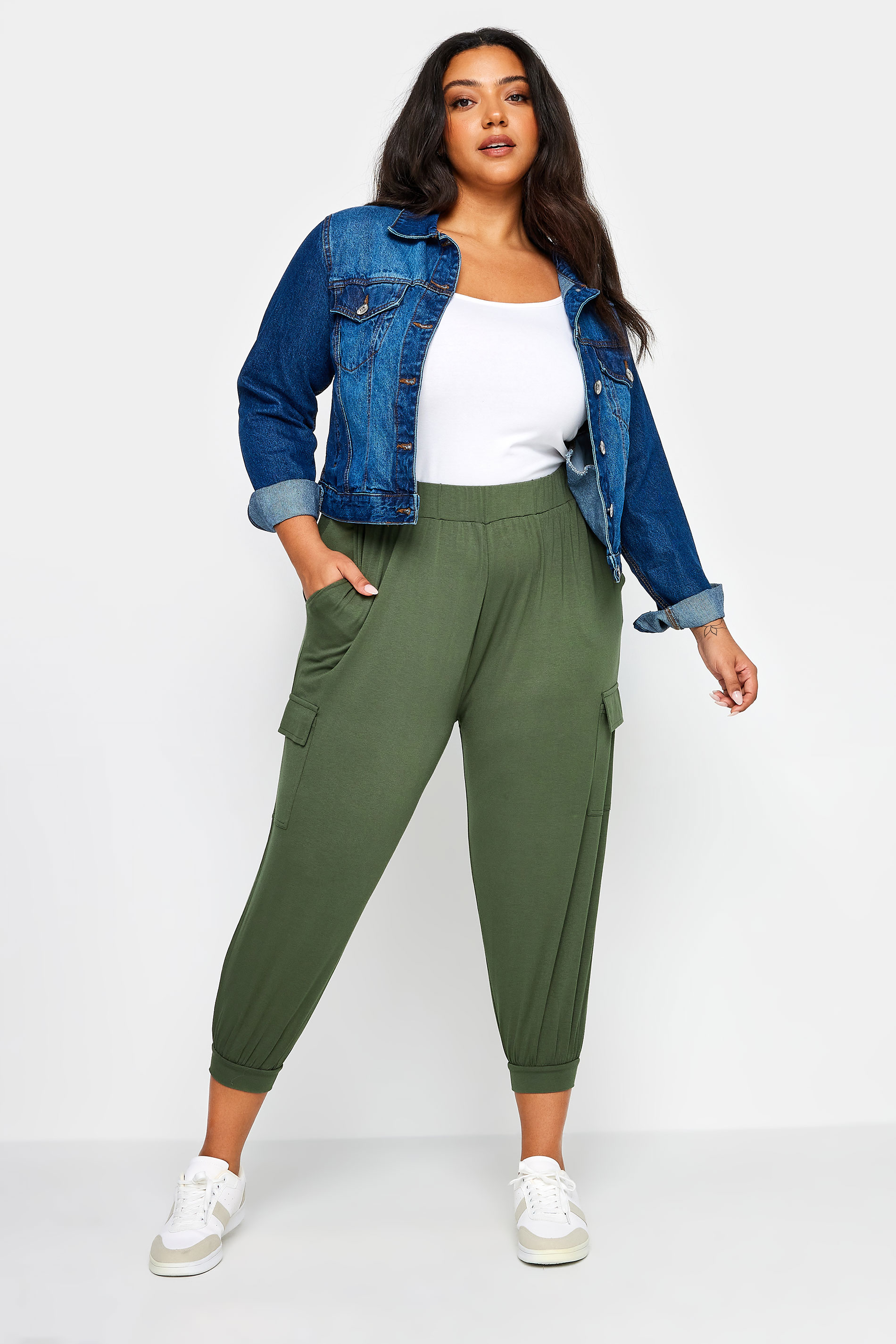 YOURS Plus Size Khaki Green Cropped Cargo Harem Trousers | Yours Clothing 2