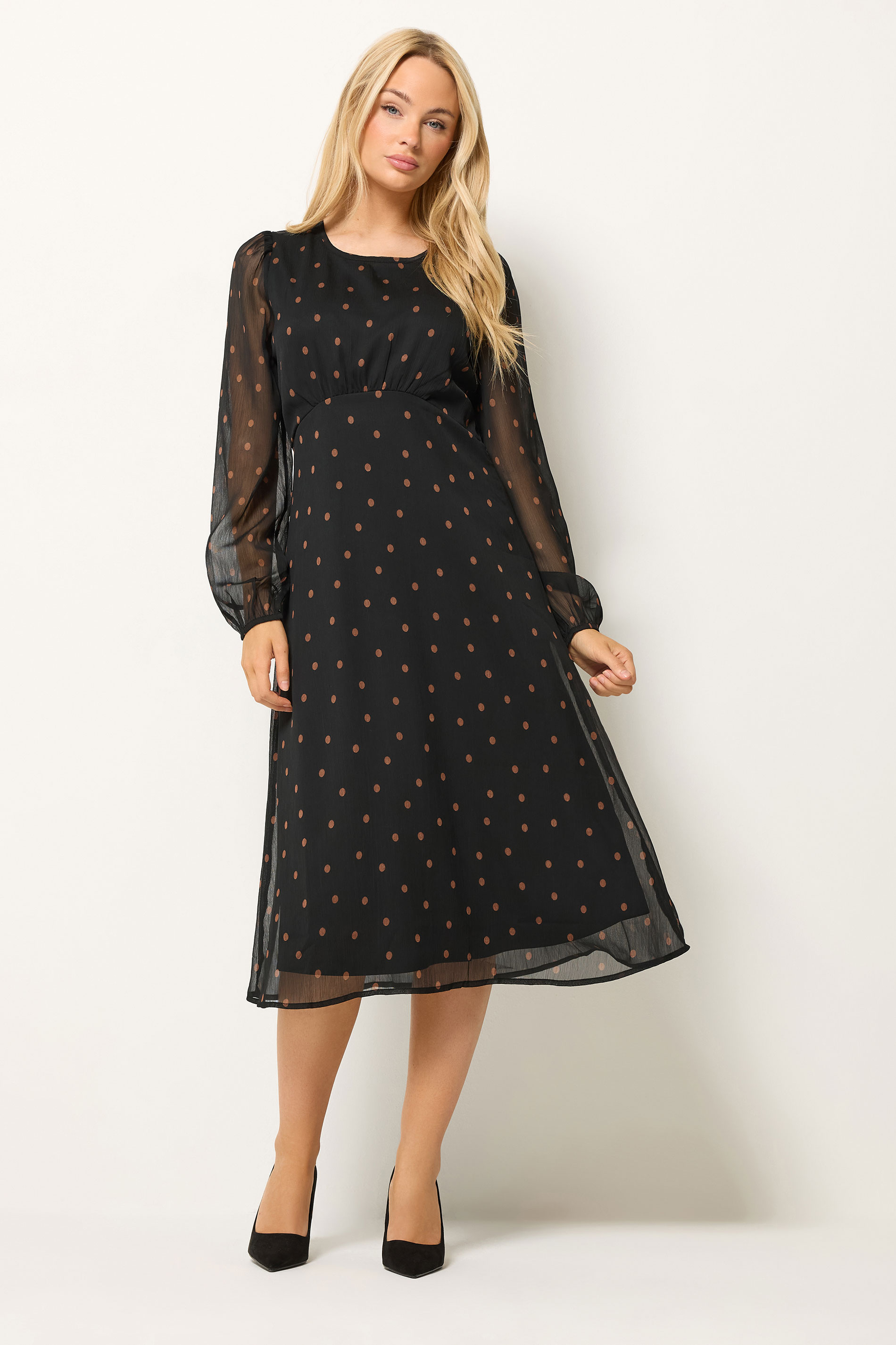 M&Co Black Spot Print Long Sleeve Chiffon Dress | M&Co 3