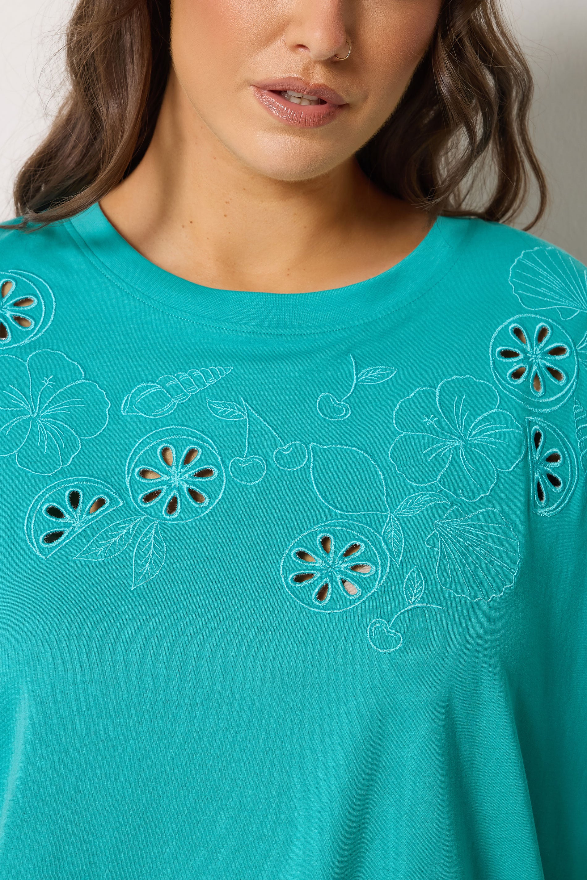 YOURS Plus Size Turquoise Blue Embroidered Fruit T-Shirt | Yours Clothing 4