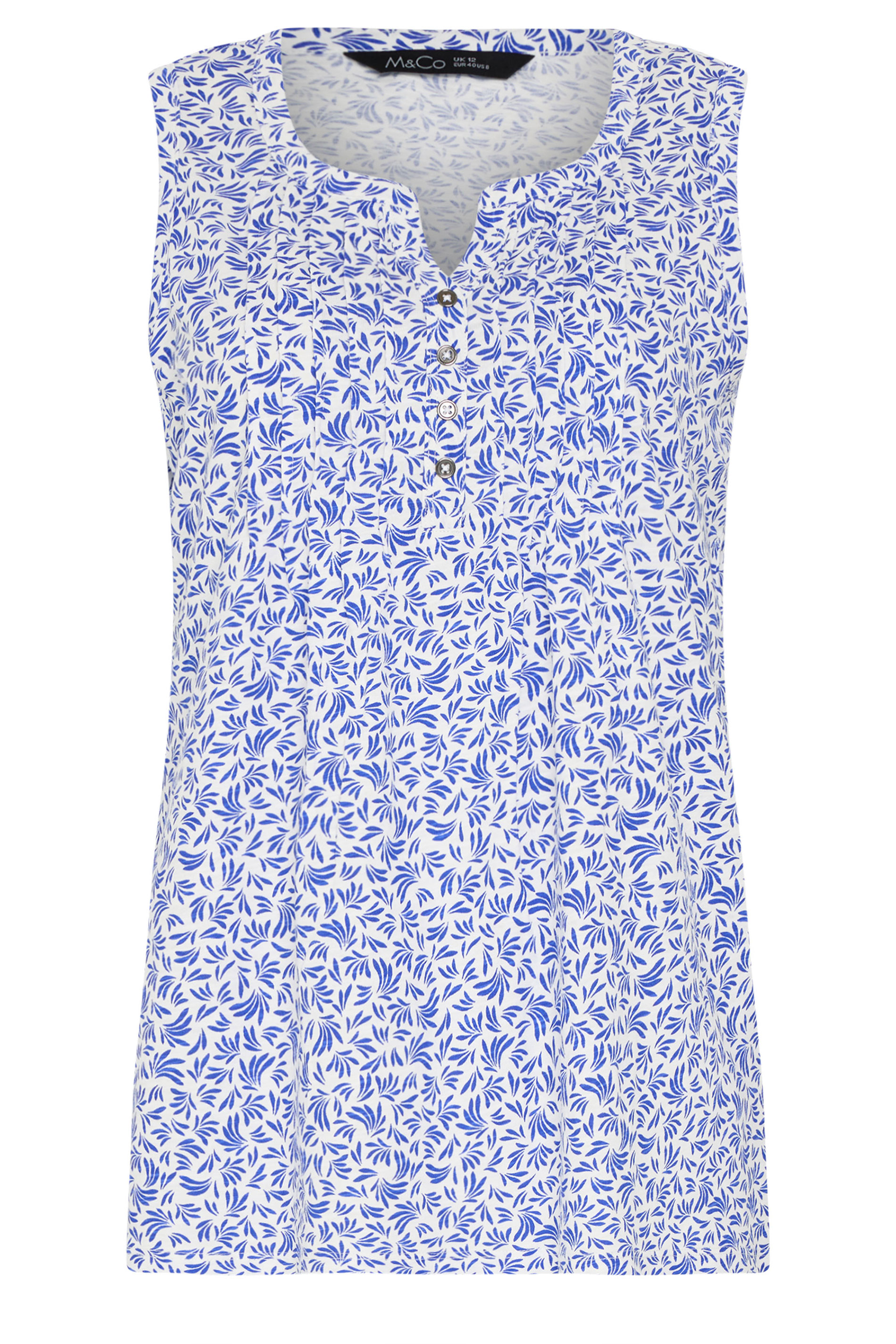 M&Co White & Blue Leaf Print Cotton Sleeveless Henley Top  5