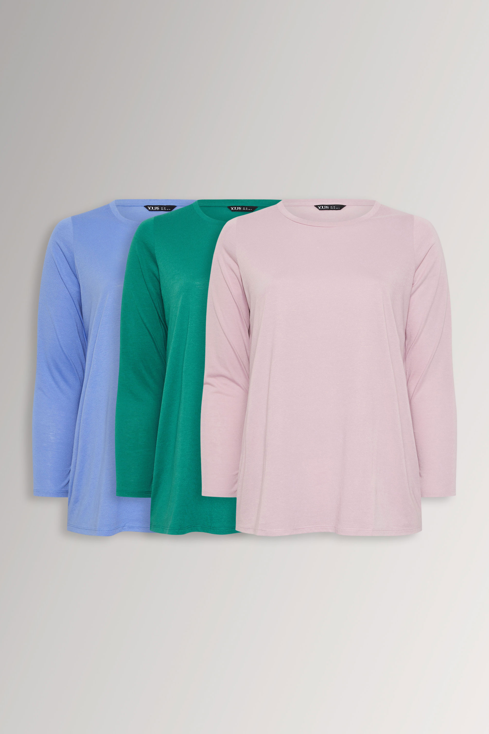 YOURS Plus Size 3 PACK Green & Blue Long Sleeve T-Shirts | Yours Clothing  3