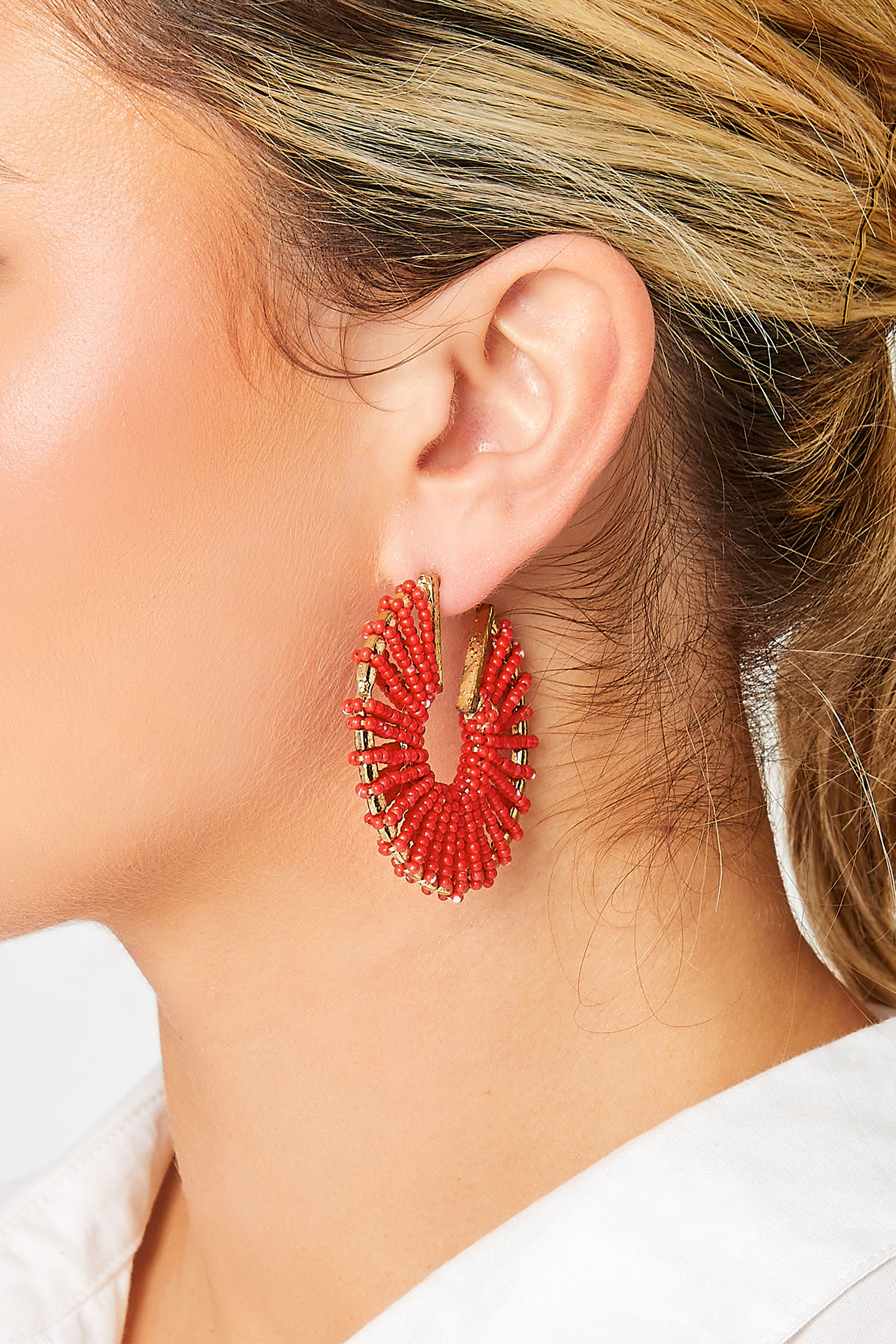 Gold Tone & Red Seed Bead Hoop Earrings | Yours Clothing  1