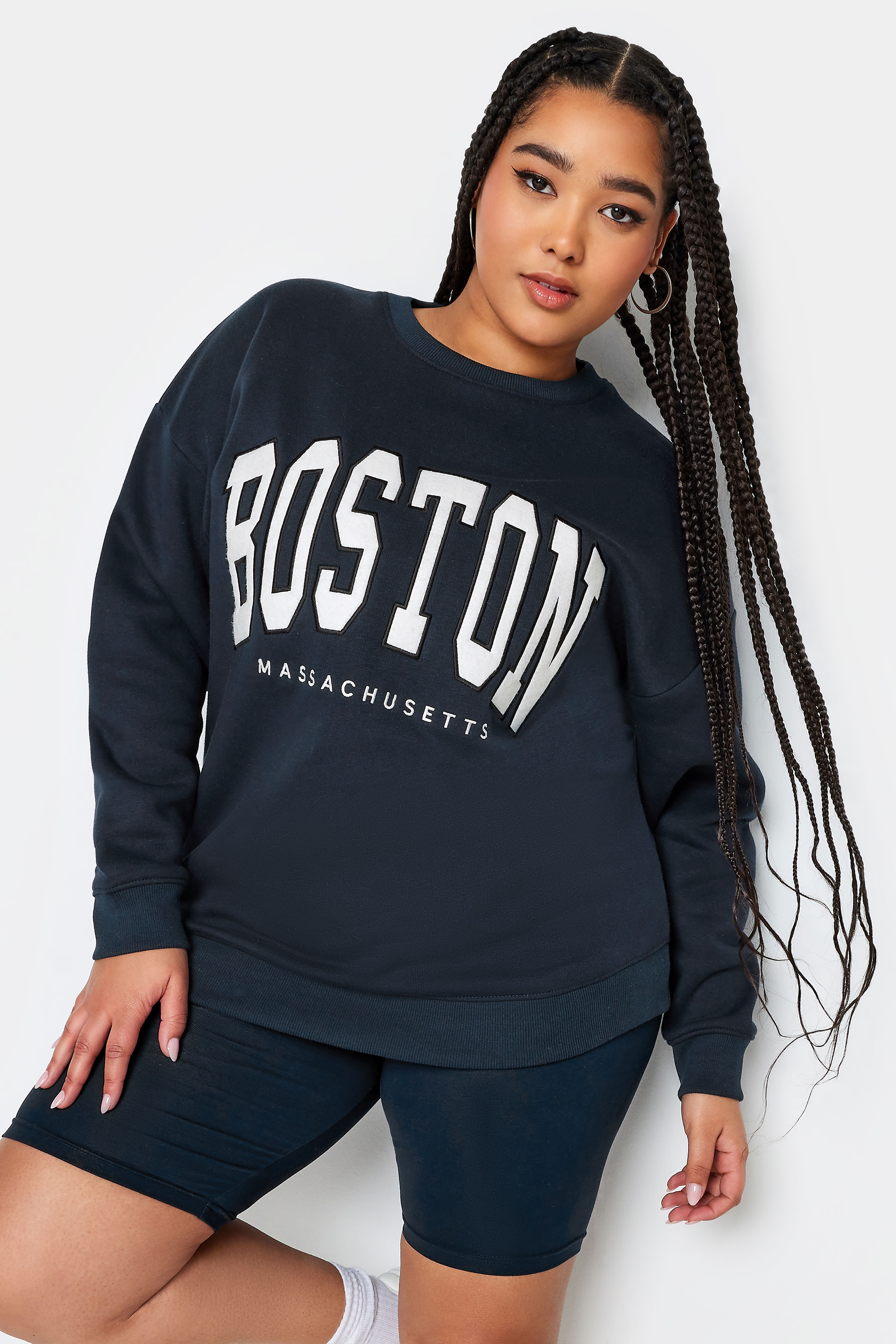 YOURS Plus Size Navy Blue 'Boston' Embroidered Slogan Sweatshirt | Yours Clothing 1