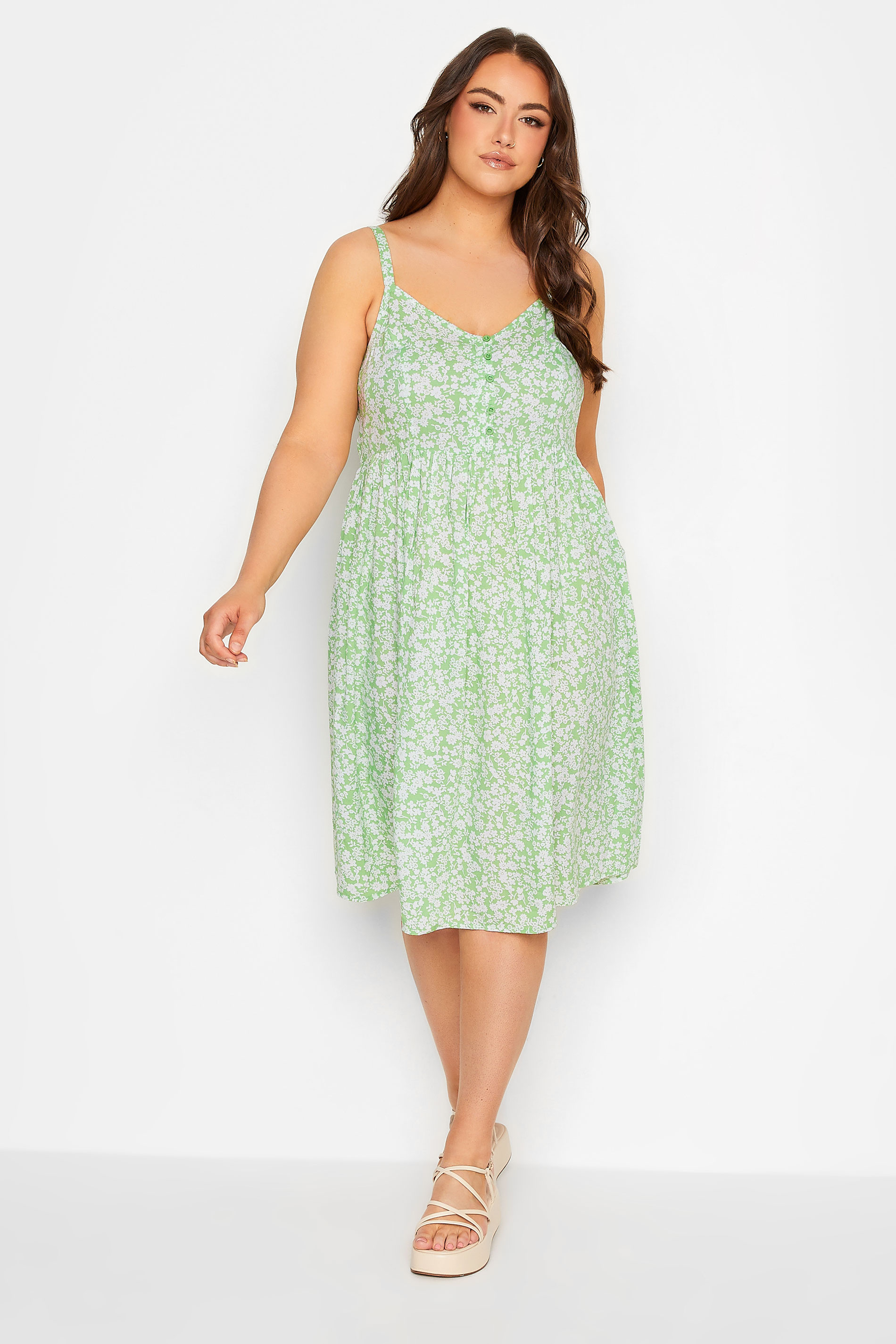 YOURS Plus Size Green Ditsy Floral Strappy Sundress | Yours Clothing 1