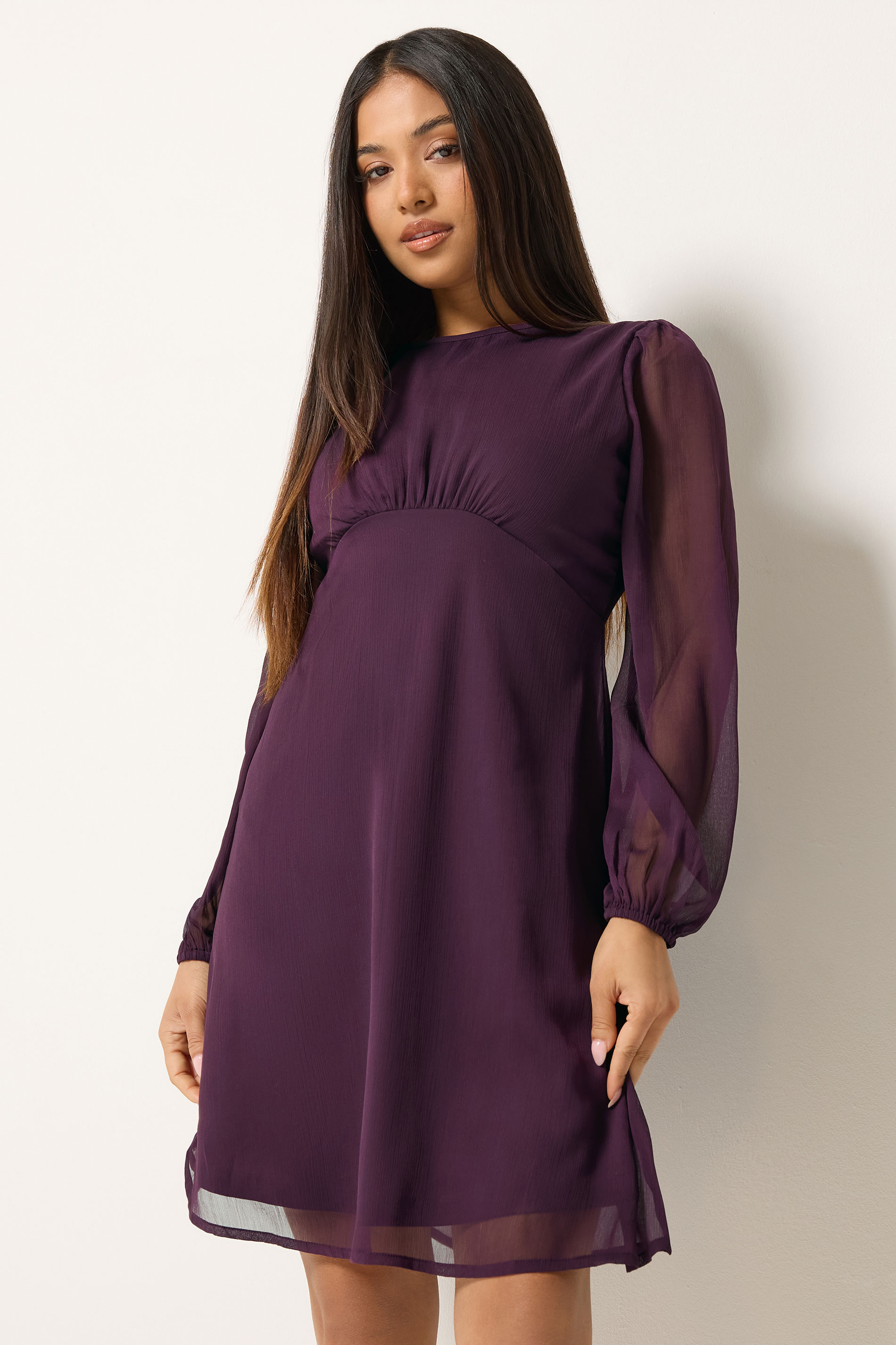 M&Co Petite Berry Purple Long Sleeve Chiffon Dress | M&Co 3
