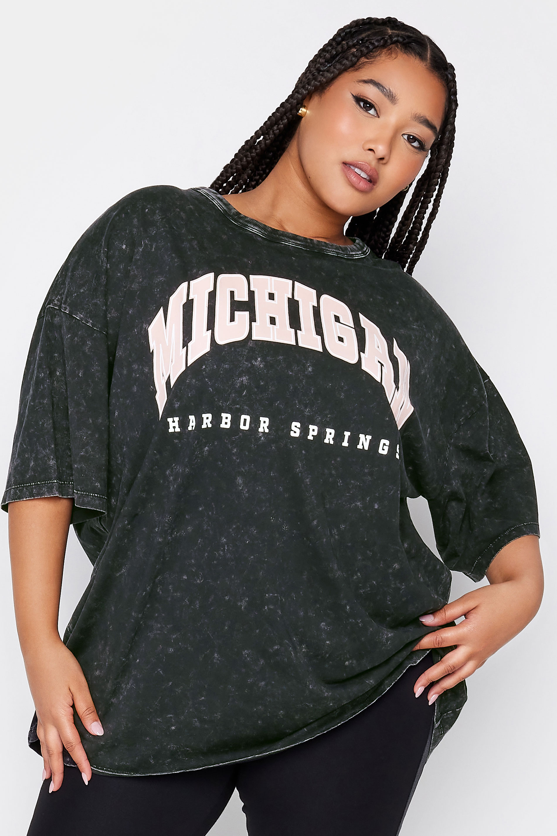 YOURS Plus Size Black 'Michigan' Slogan Acid Wash Oversized Boxy T-Shirt | Yours Clothing  1