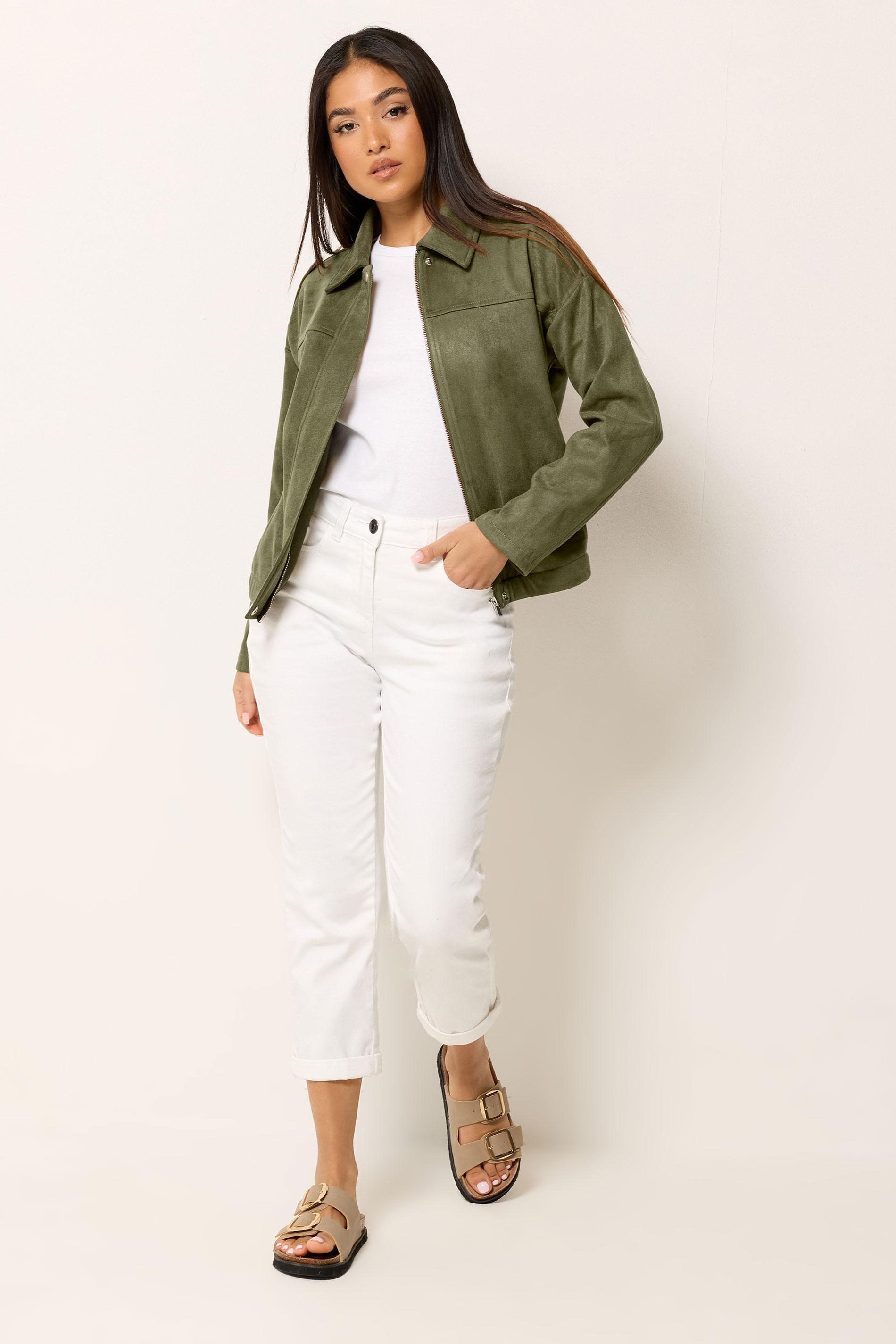 M&Co Petite Khaki Green Faux Suede Bomber Jacket | M&Co 1