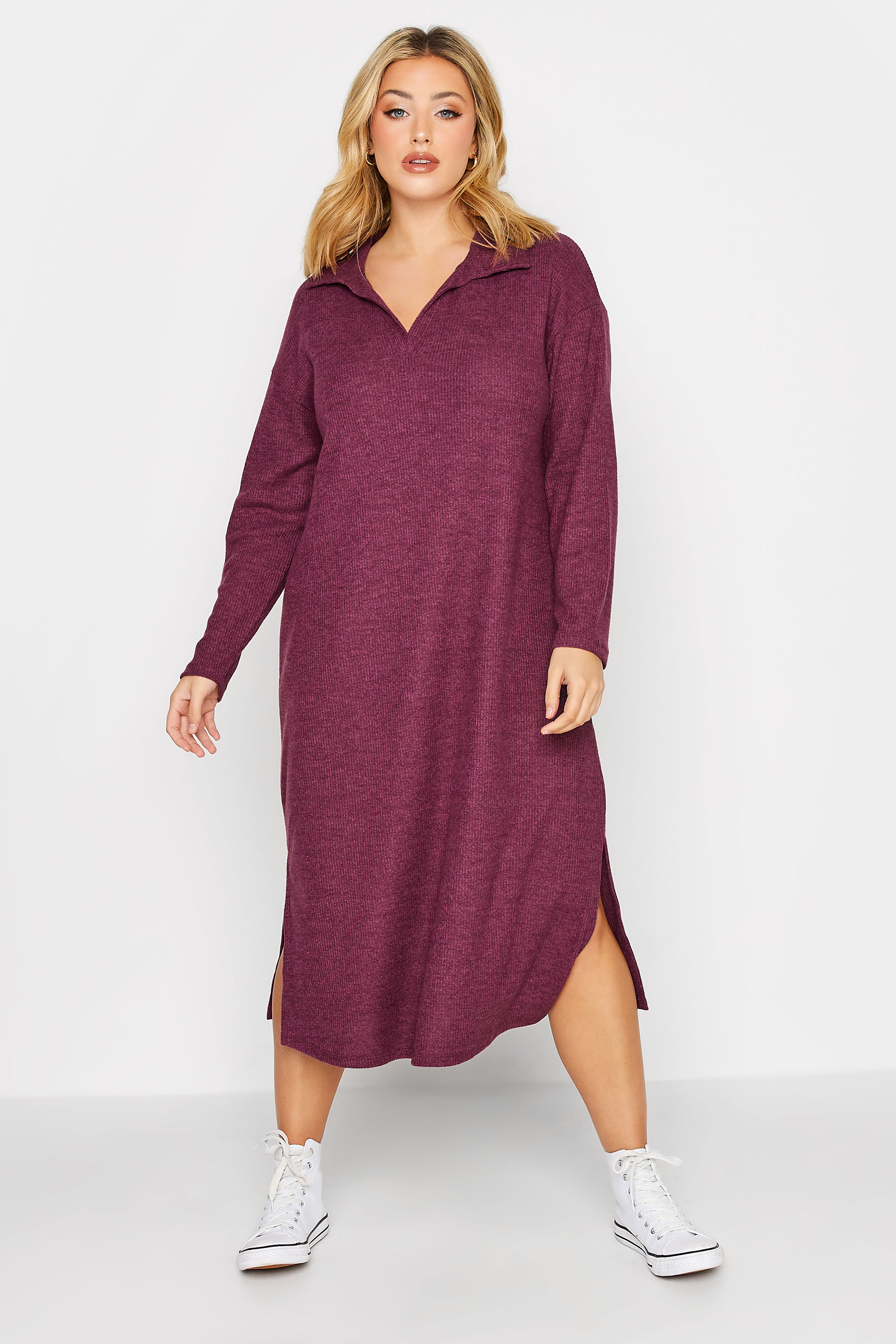Plus Size Plum Purple Soft Touch Open Collar Midi Dress | Yours Clothing  1