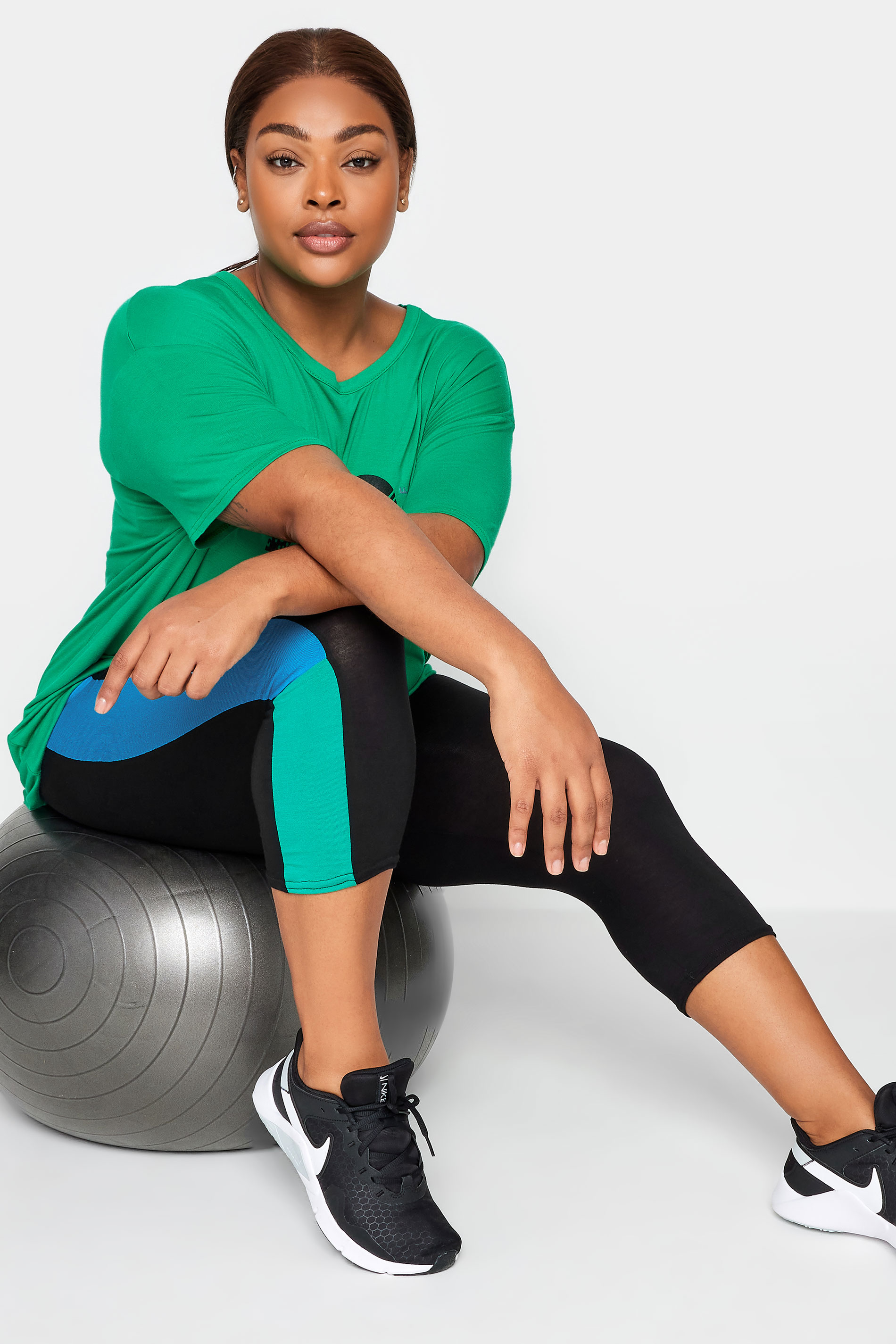 YOURS ACTIVE Plus Size Black & Blue Side Stripe Cropped Leggings | Yours Clothing 2